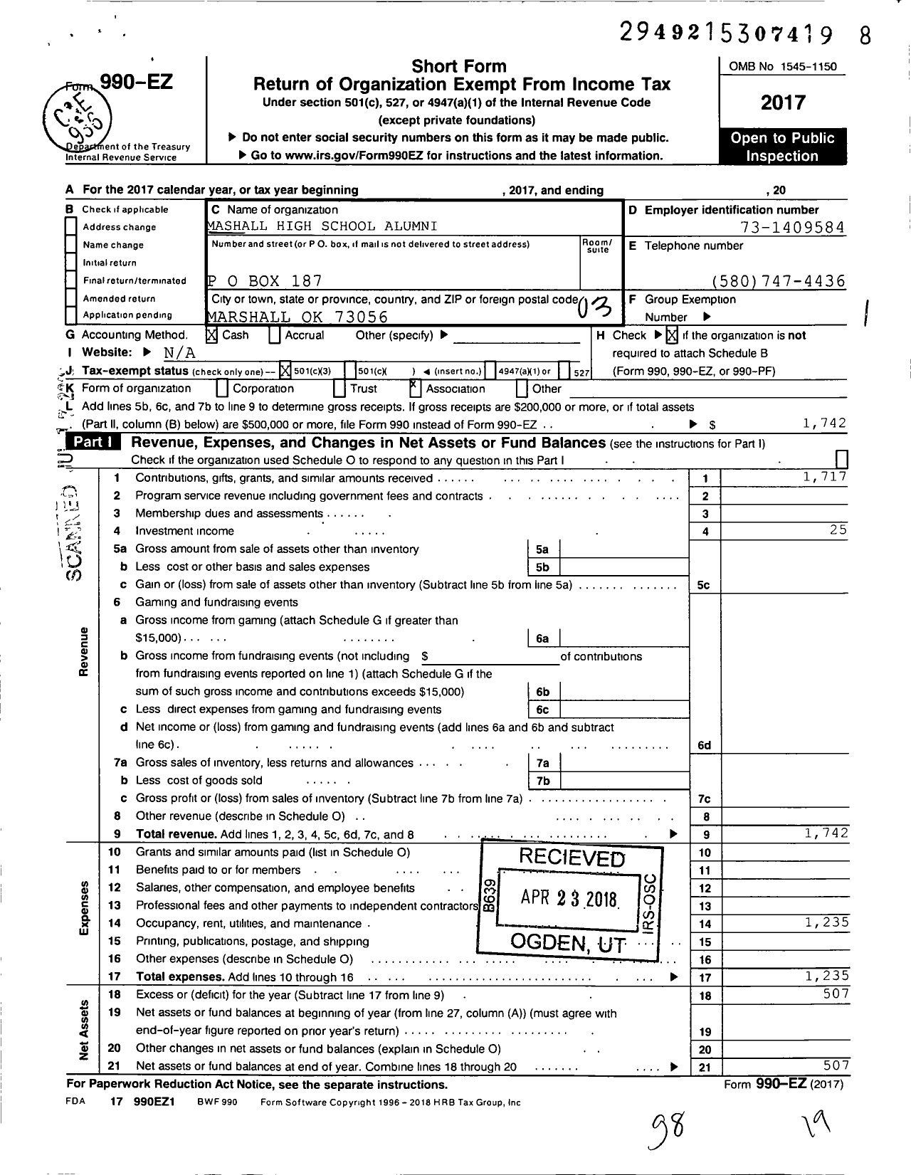 Image of first page of 2017 Form 990EZ for Marshall High School Alumni Association