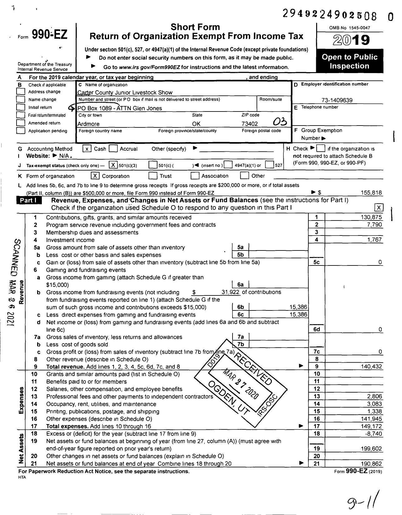 Image of first page of 2019 Form 990EZ for Carter County Junior Livestock Show