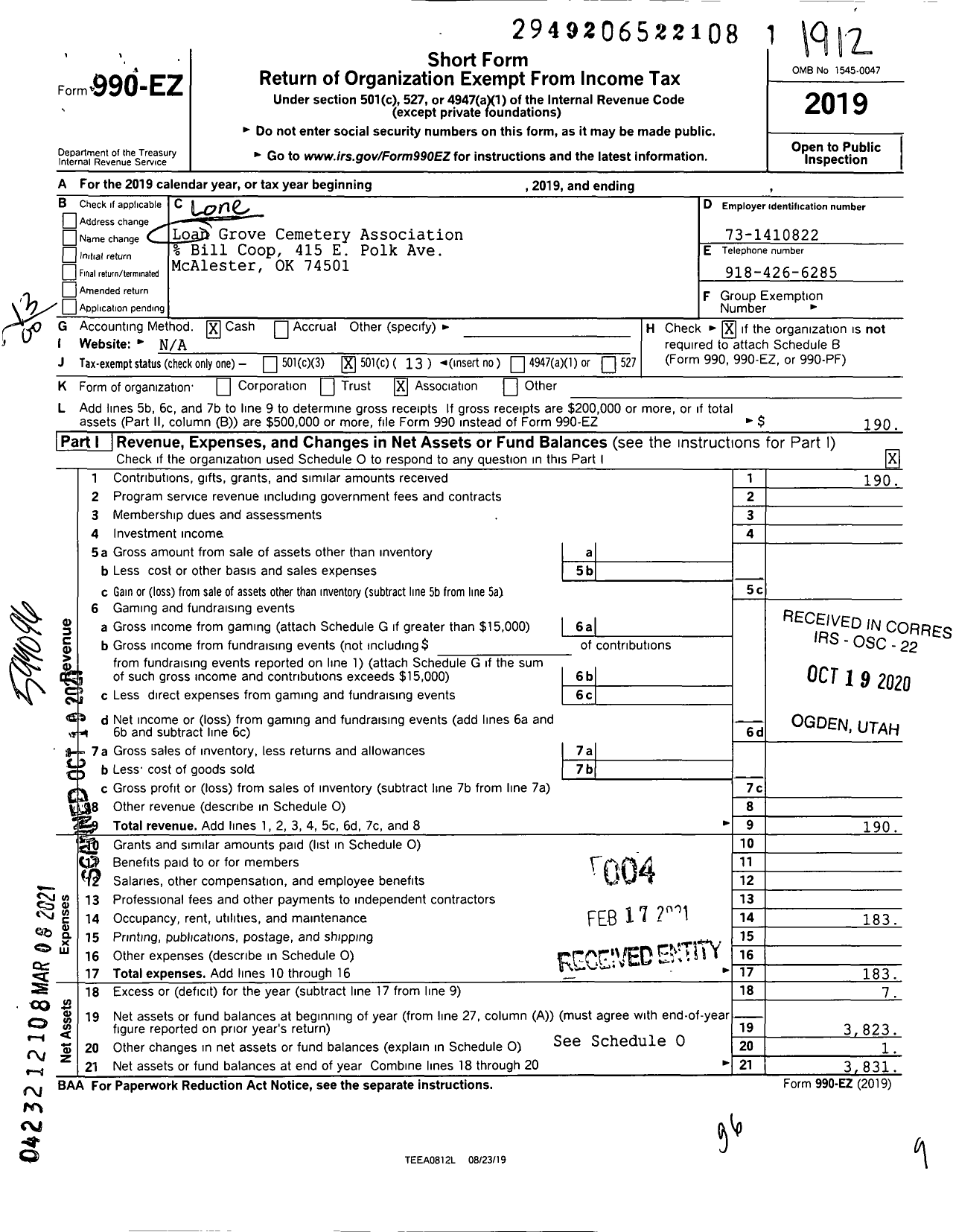 Image of first page of 2019 Form 990EO for Lone Grove Cemetery Association