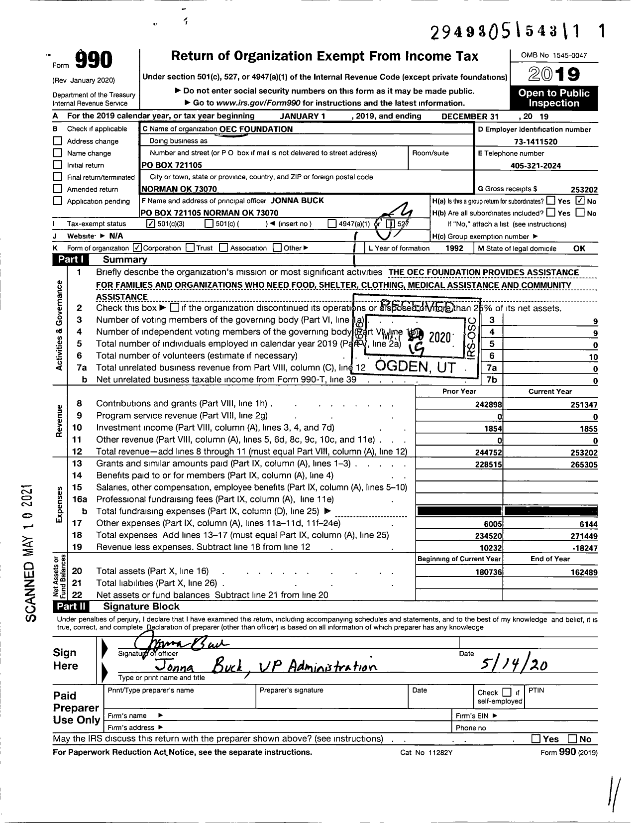Image of first page of 2019 Form 990 for Oec Foundation