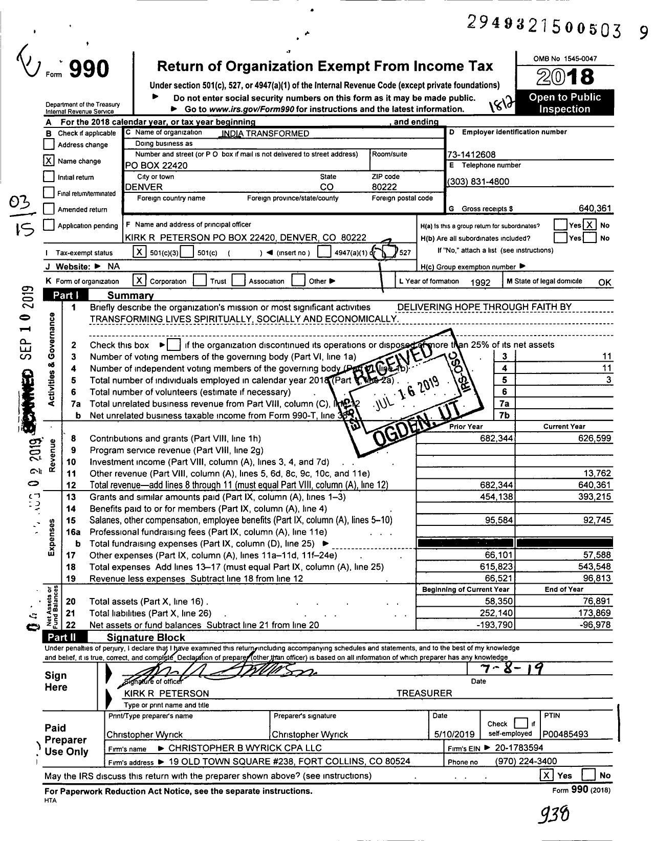 Image of first page of 2018 Form 990 for India Transformed