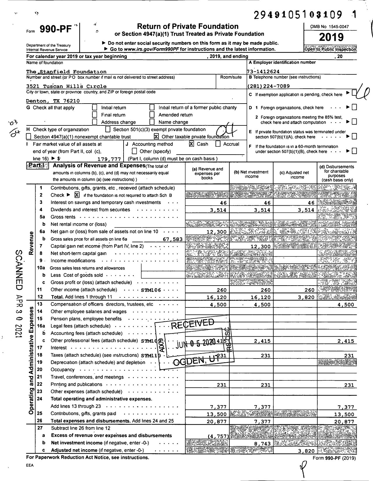 Image of first page of 2019 Form 990PF for The Stanfield Foundation