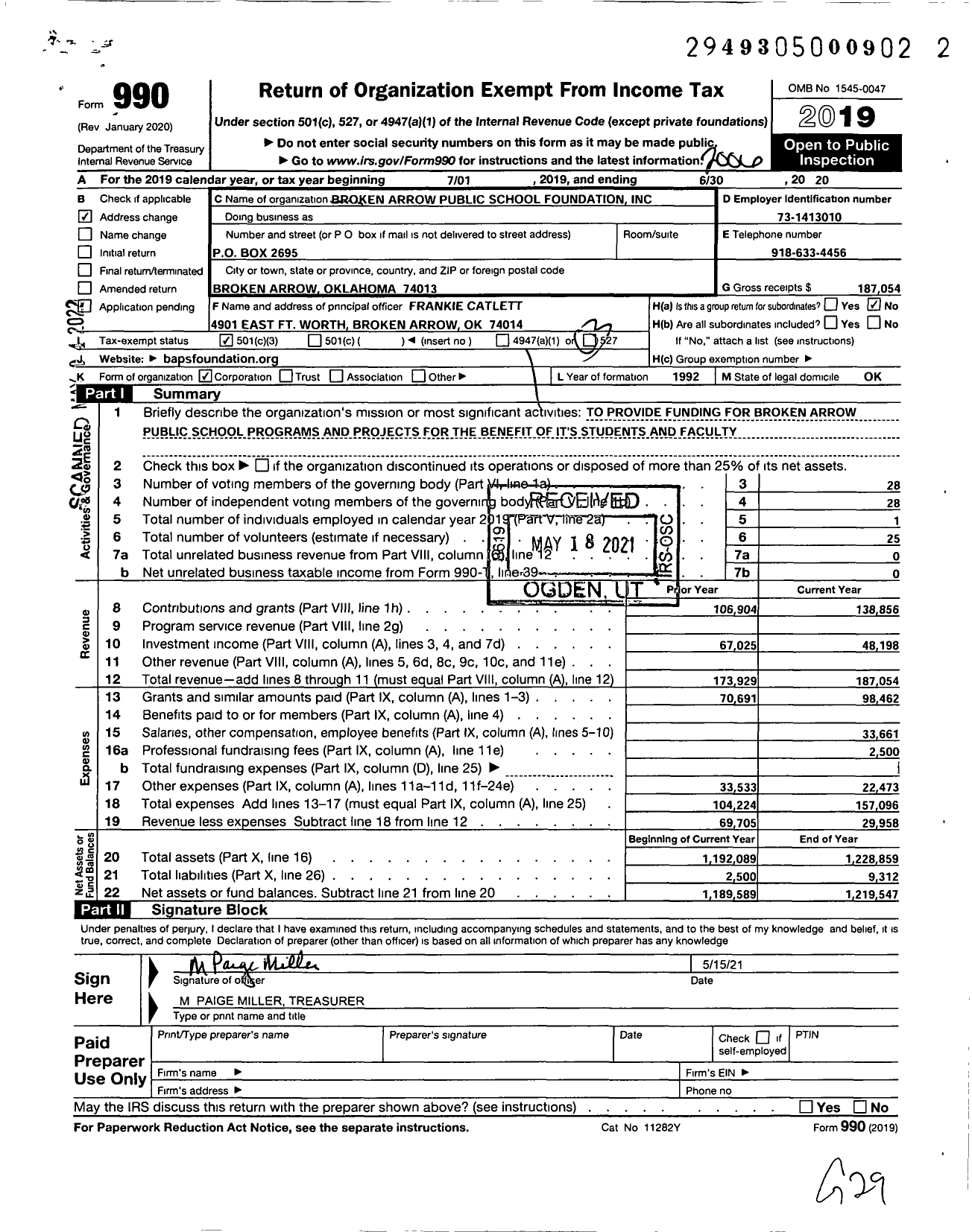 Image of first page of 2019 Form 990 for Broken Arrow Public School Foundation I