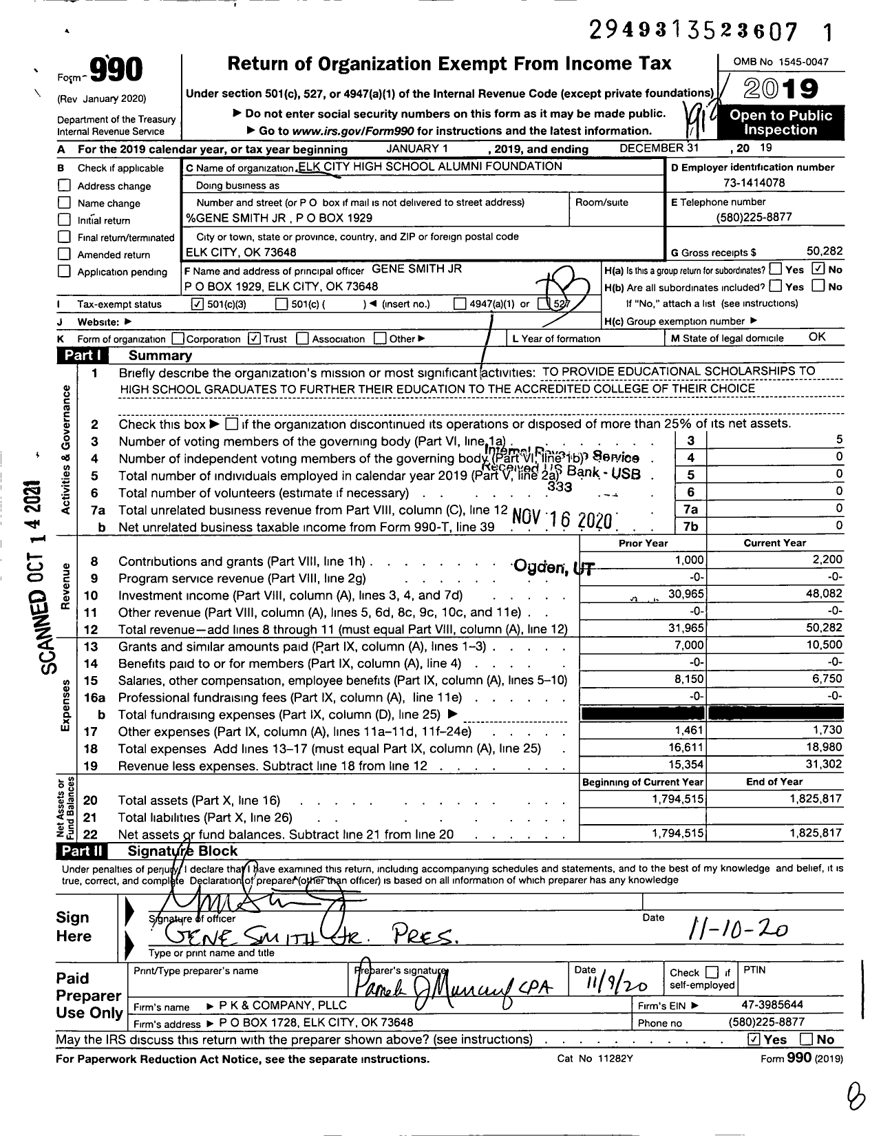 Image of first page of 2019 Form 990 for Elk City High School Alumni Foundation