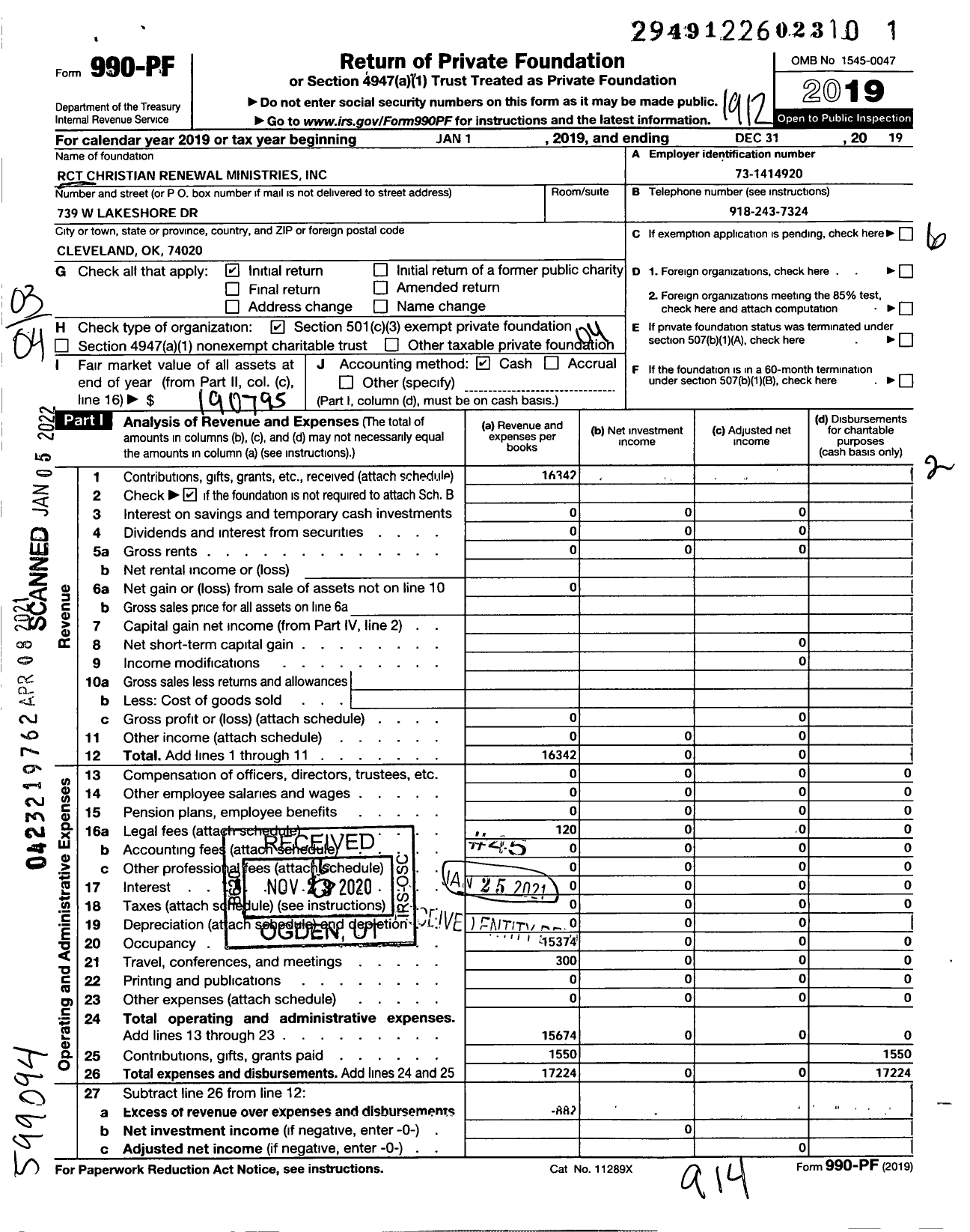 Image of first page of 2019 Form 990PF for Religious Organization / RCT Christian Renewal Ministries Inc