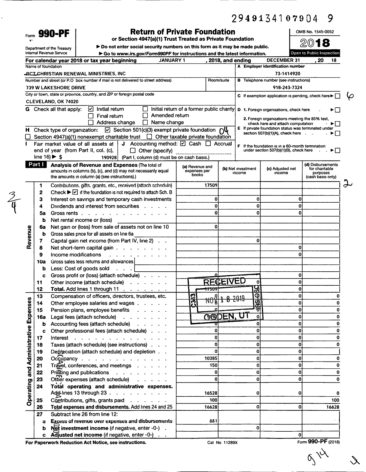 Image of first page of 2018 Form 990PF for Religious Organization / RCT Christian Renewal Ministries Inc