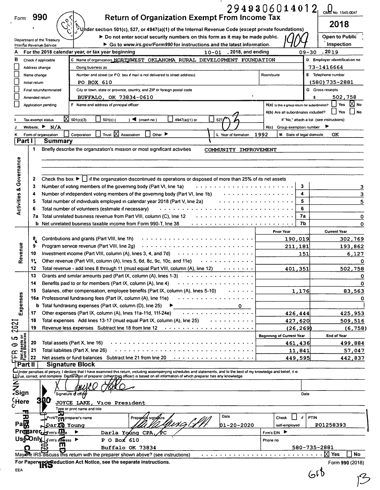 Image of first page of 2018 Form 990 for Northwest Oklahoma Rural Development Foundation