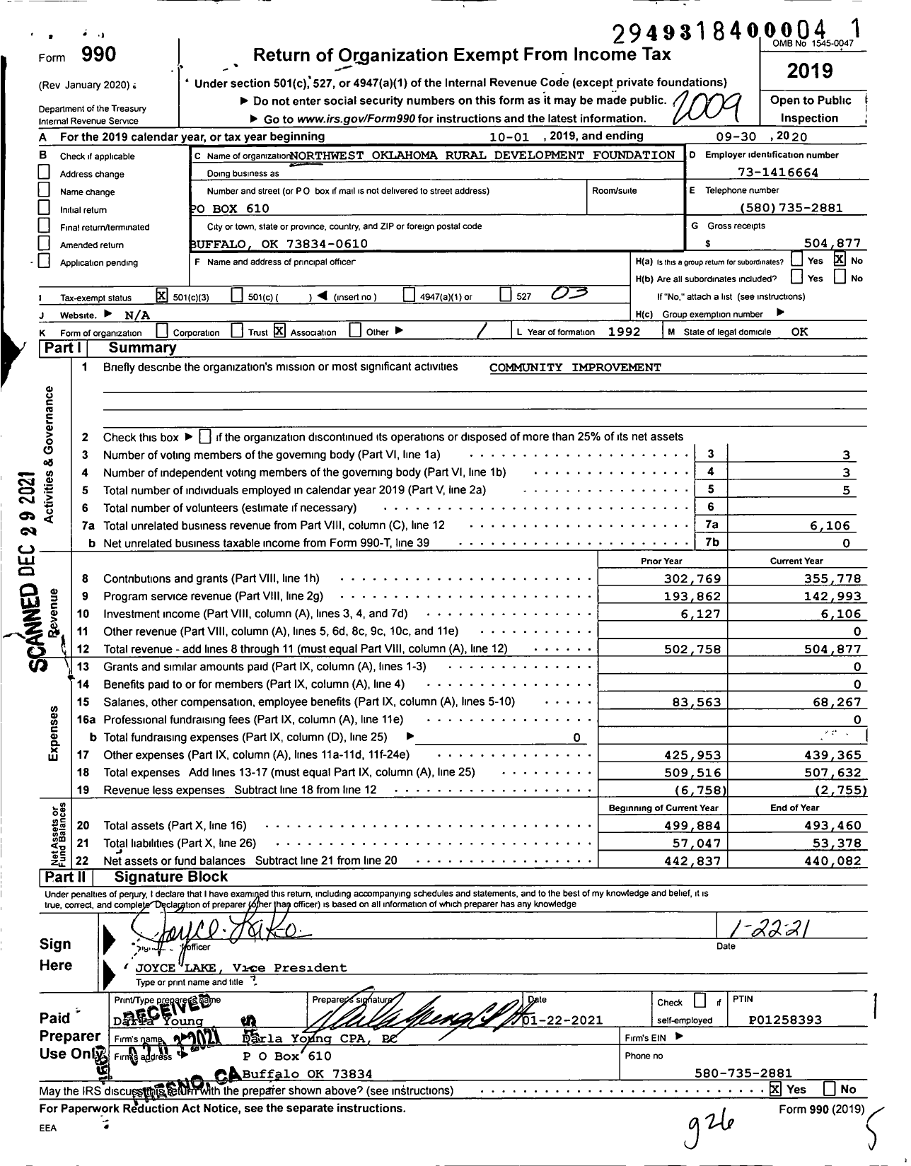 Image of first page of 2019 Form 990 for Northwest Oklahoma Rural Development Foundation