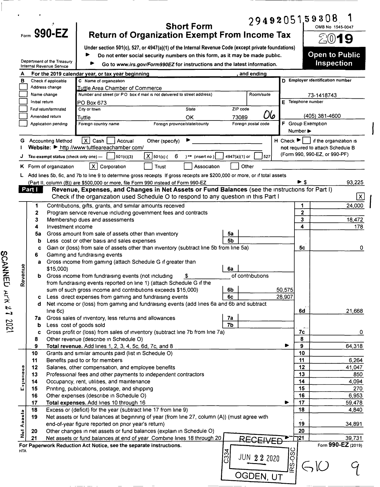 Image of first page of 2019 Form 990EO for Tuttle Area Chamber of Commerce