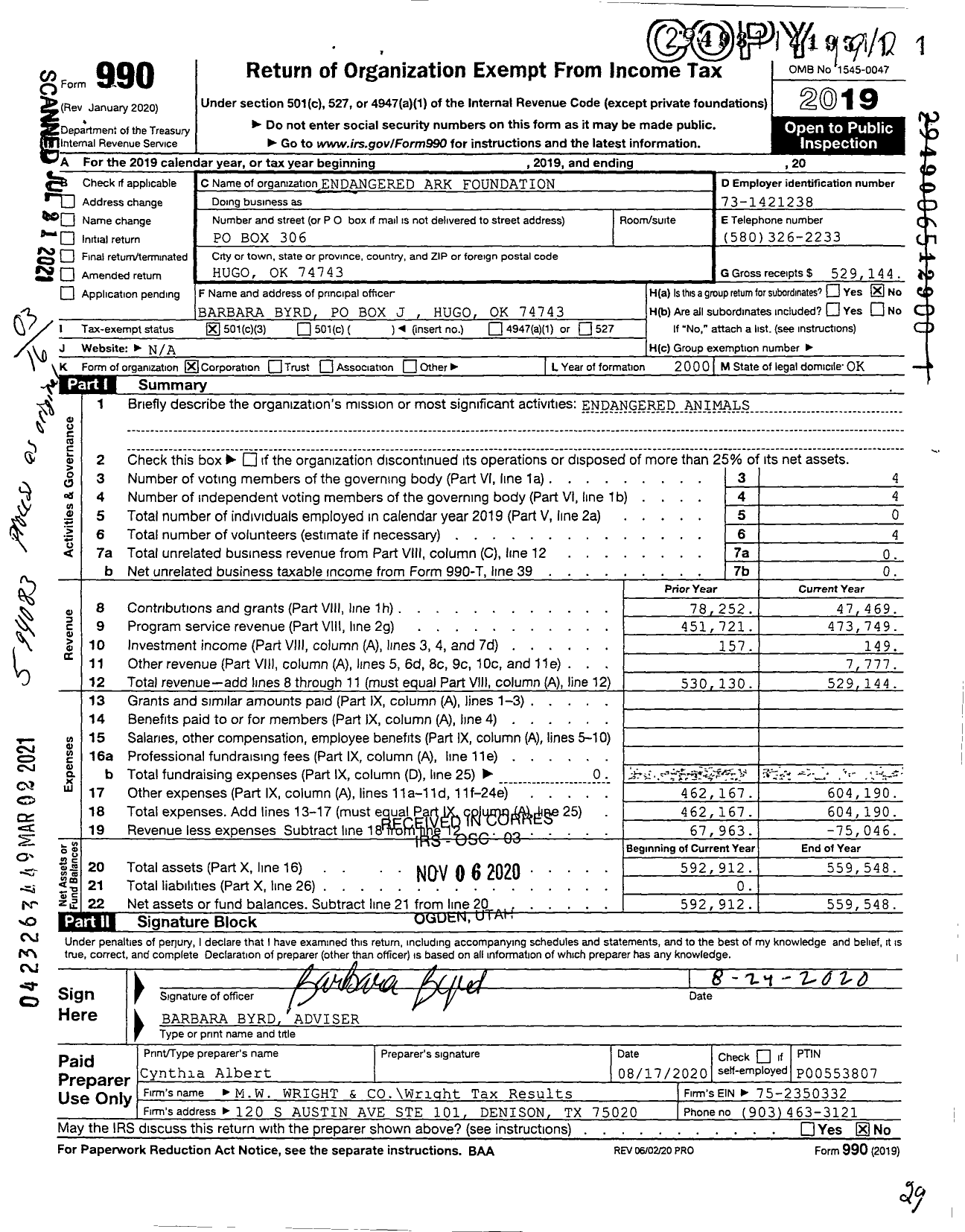 Image of first page of 2019 Form 990 for Endangered Ark Foundation