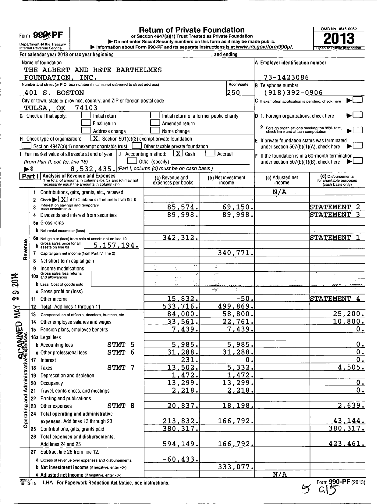 Image of first page of 2013 Form 990PF for The Albert and Hete Barthelmes Foundation