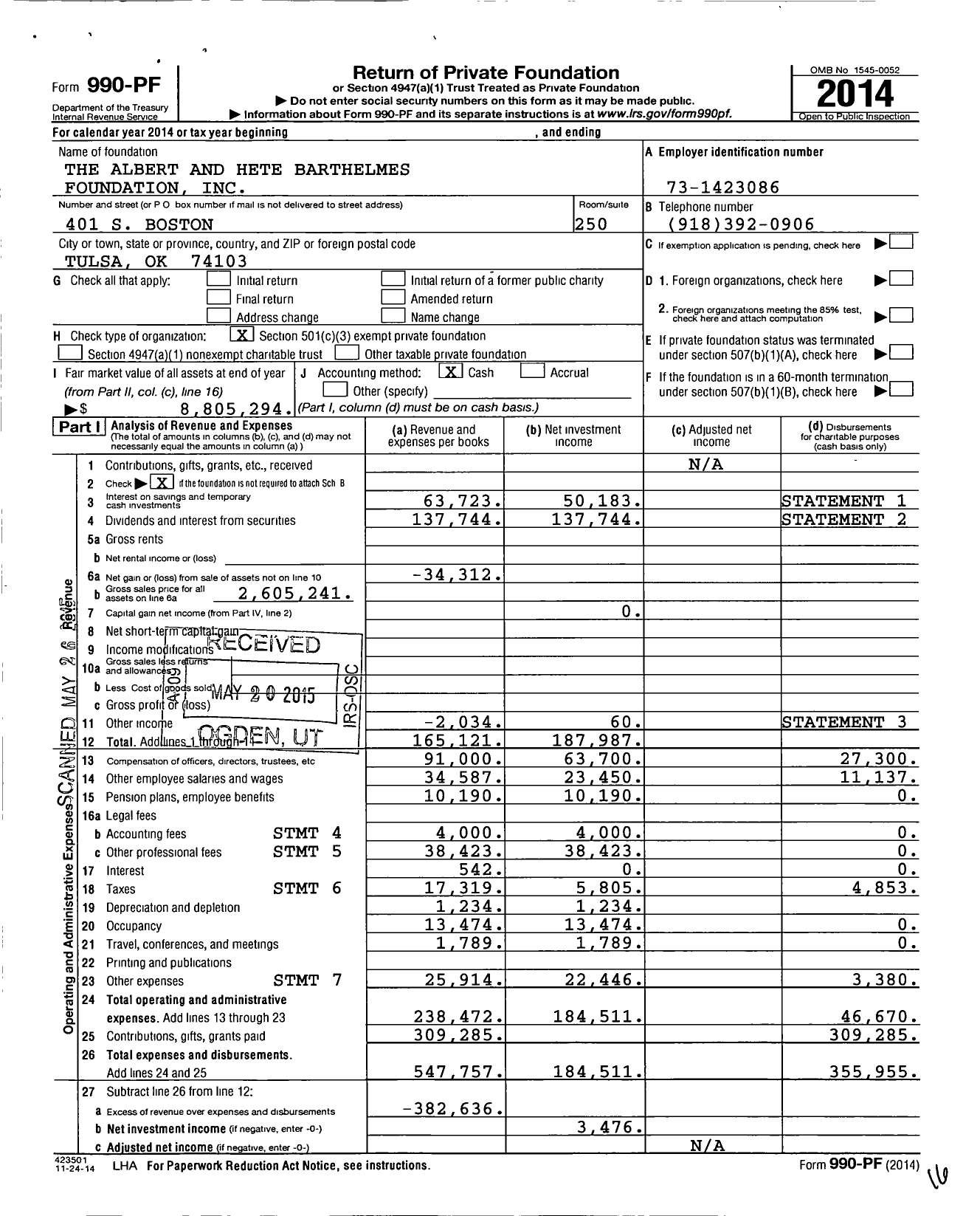 Image of first page of 2014 Form 990PF for The Albert and Hete Barthelmes Foundation