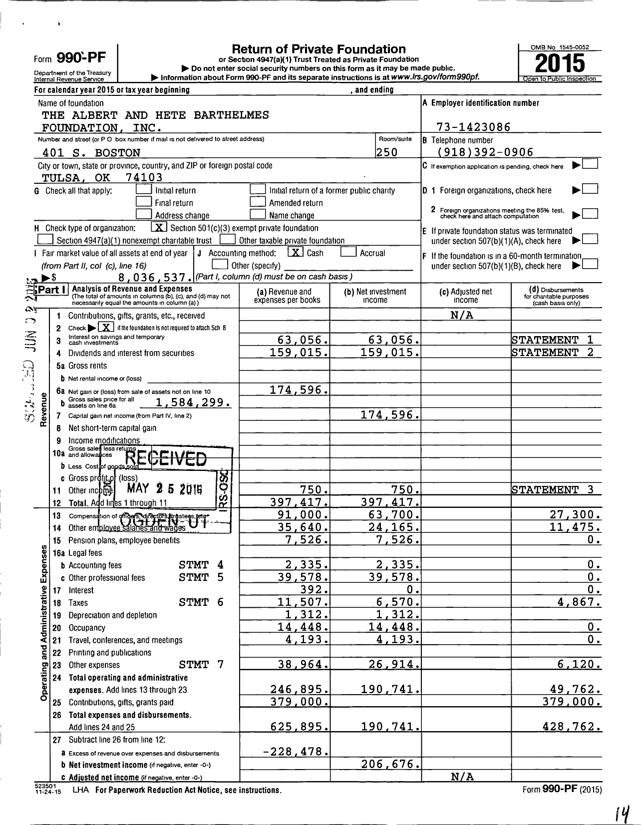 Image of first page of 2015 Form 990PF for The Albert and Hete Barthelmes Foundation