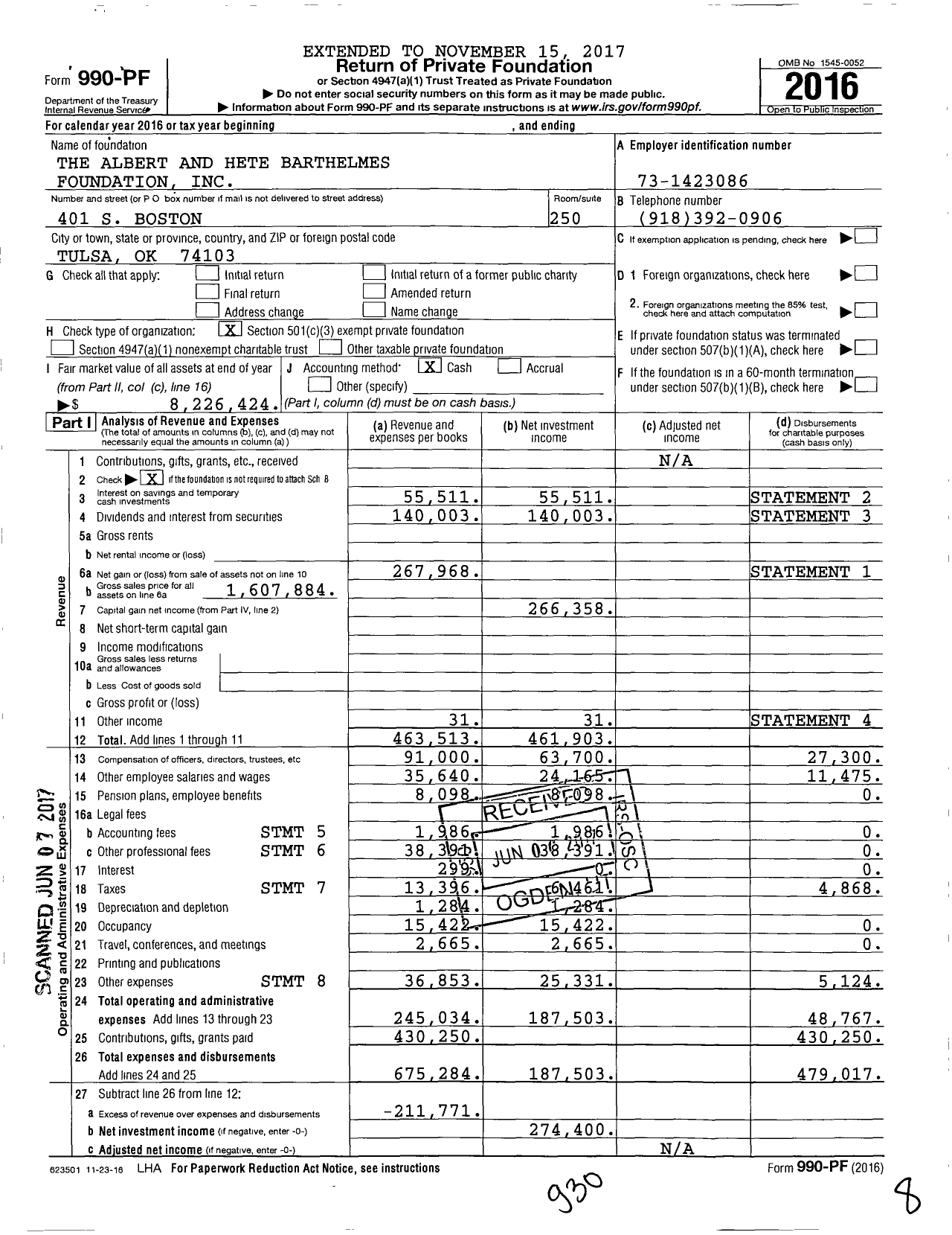Image of first page of 2016 Form 990PF for The Albert and Hete Barthelmes Foundation