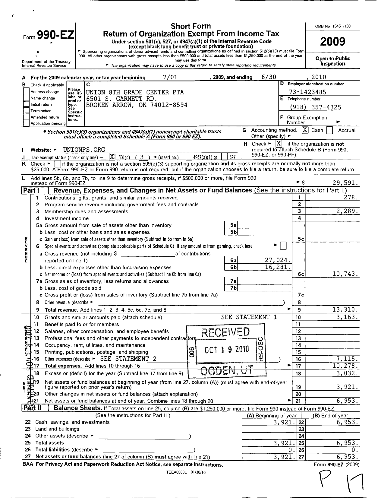 Image of first page of 2009 Form 990EZ for PTA Oklahoma Congress / Union 8th Grade Center