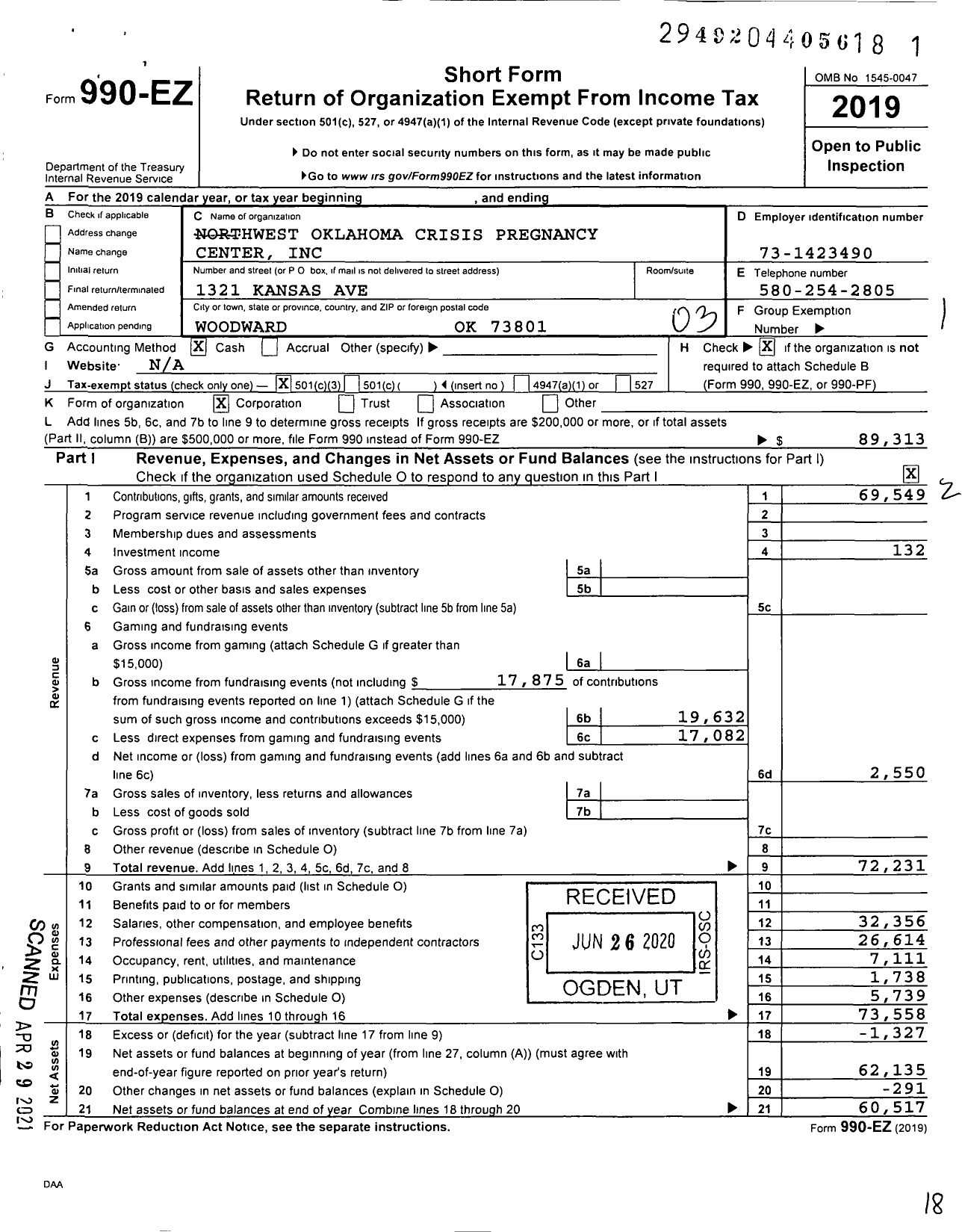 Image of first page of 2019 Form 990EZ for Northwest Oklahoma Crisis Pregnancy Center