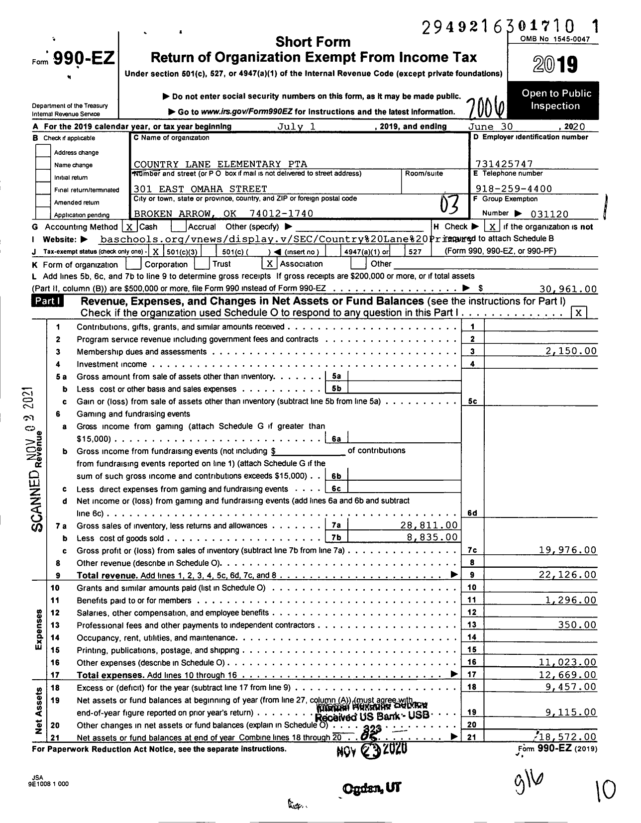 Image of first page of 2019 Form 990EZ for Country Lane Primary PTA