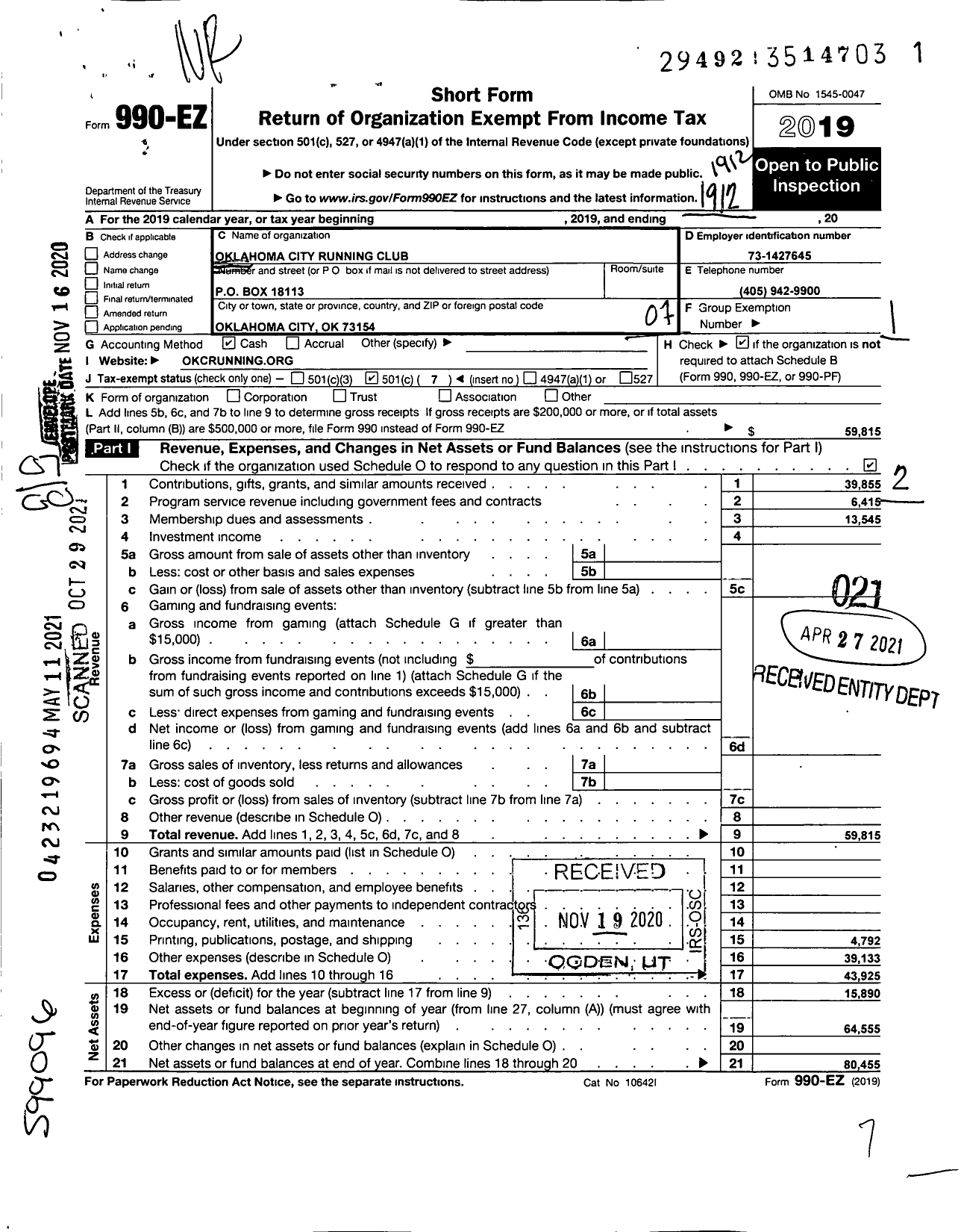 Image of first page of 2019 Form 990EO for Oklahoma City Running Club