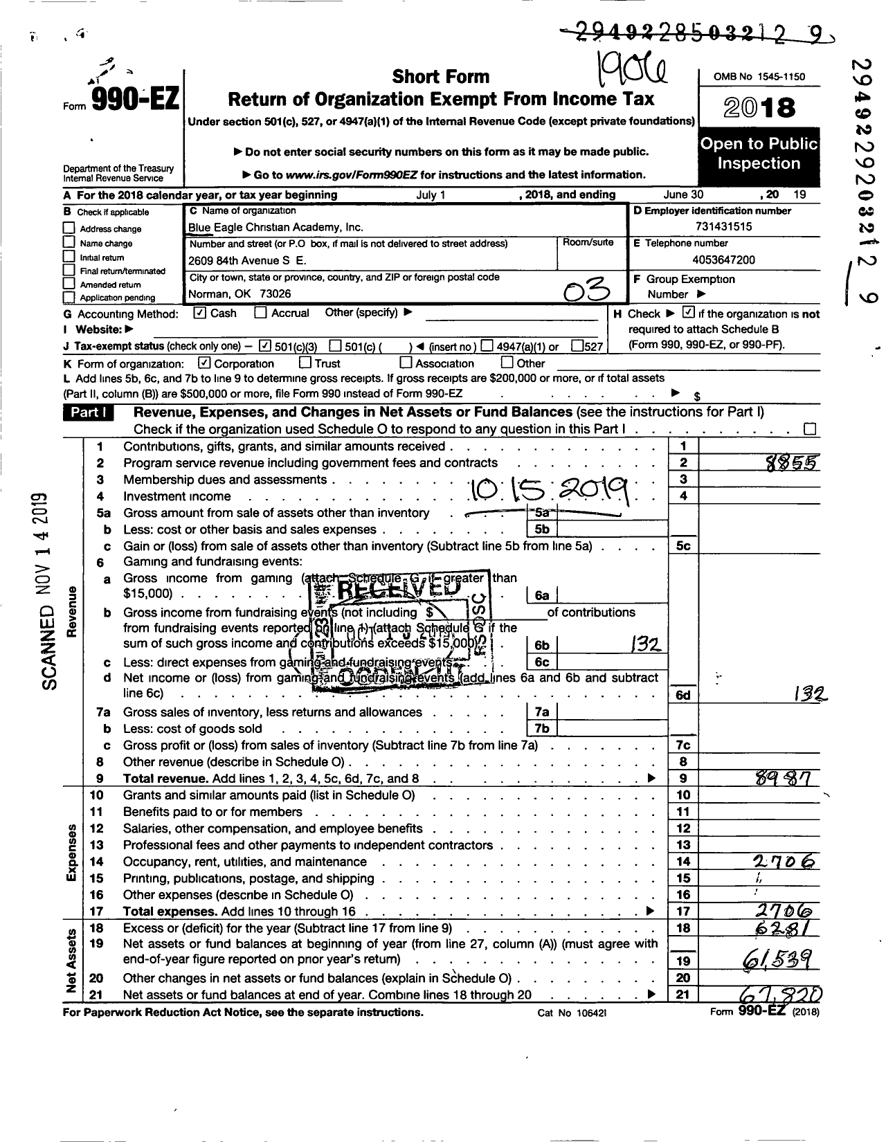 Image of first page of 2018 Form 990EZ for Blue Eagle Christian Academy