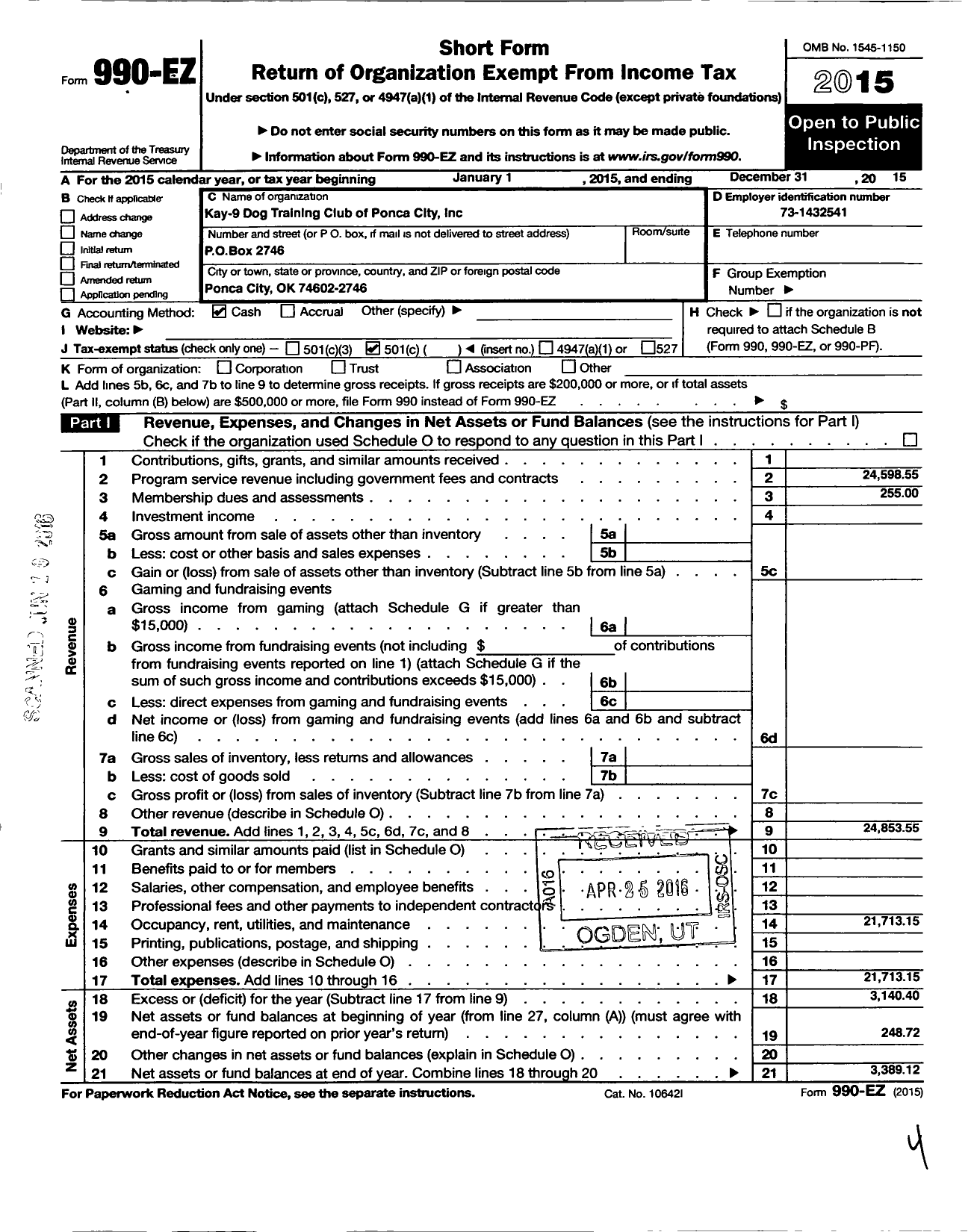 Image of first page of 2015 Form 990EO for Kay9 Dog Training Club of Ponca City