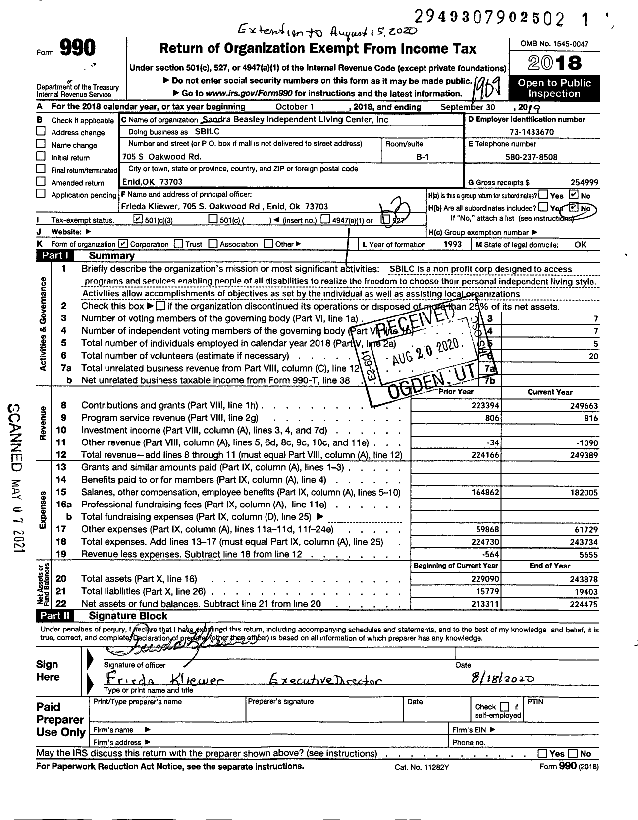 Image of first page of 2018 Form 990 for Sandra Beasley Independent Living Center (SBILC)