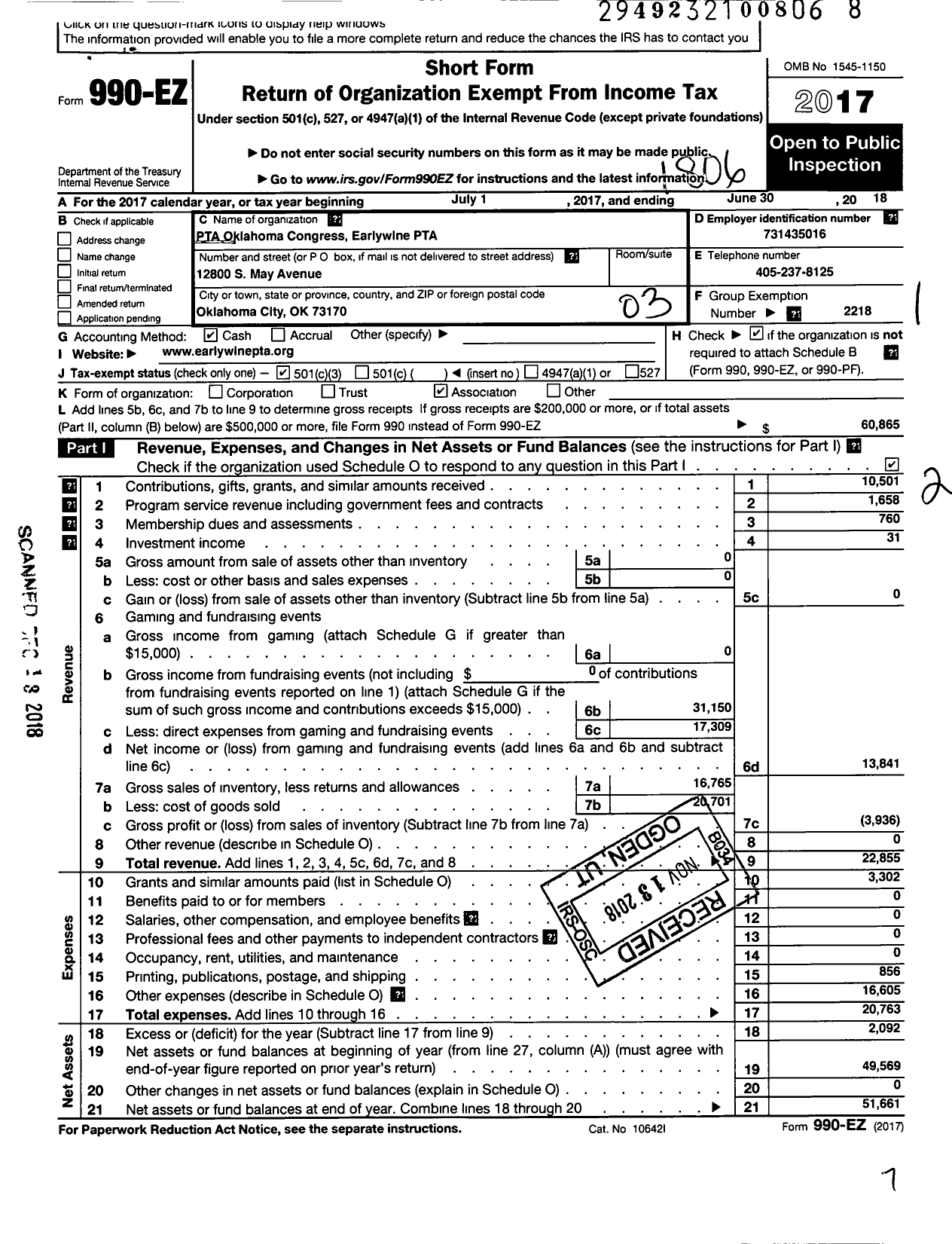 Image of first page of 2017 Form 990EZ for PTA Oklahoma Congress / Earlywine P T A