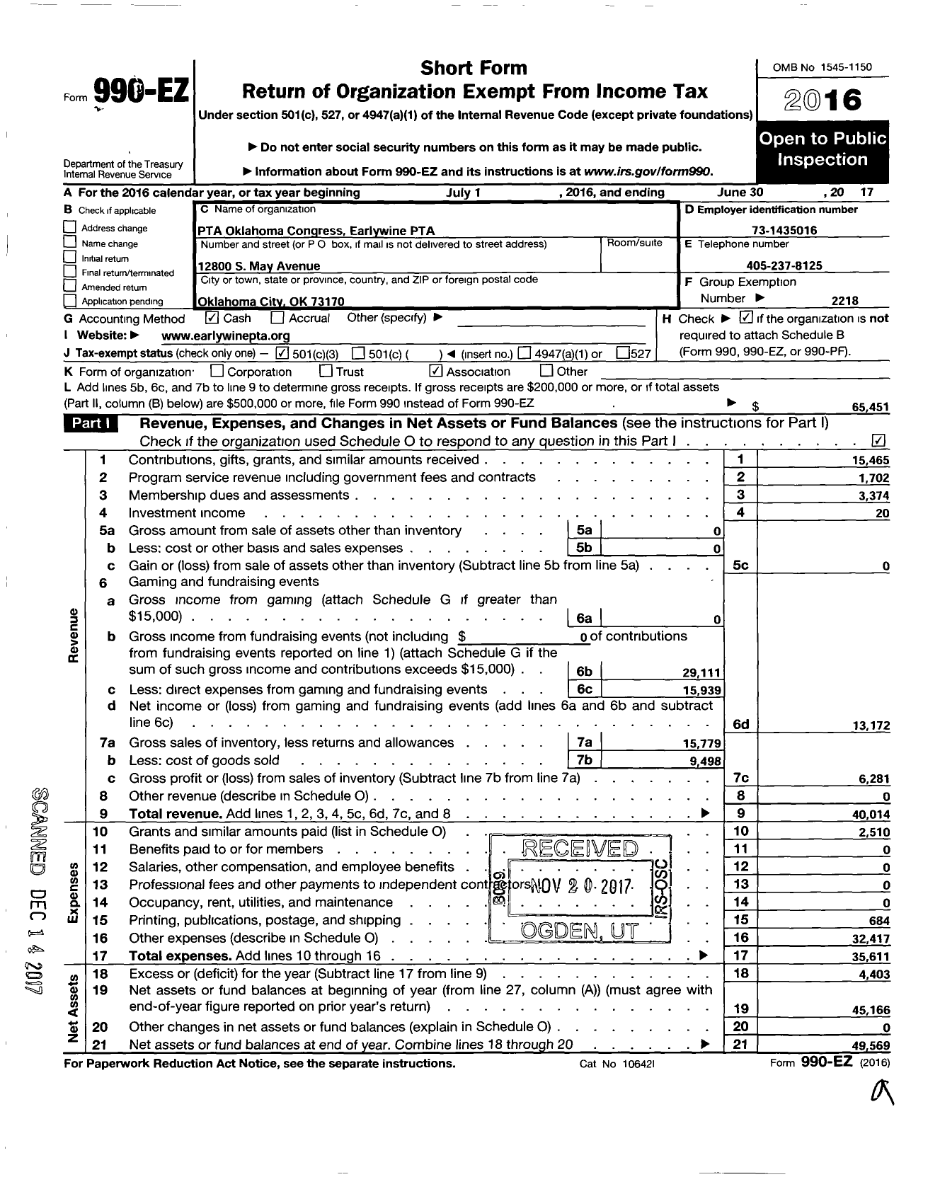 Image of first page of 2016 Form 990EZ for PTA Oklahoma Congress / Earlywine P T A