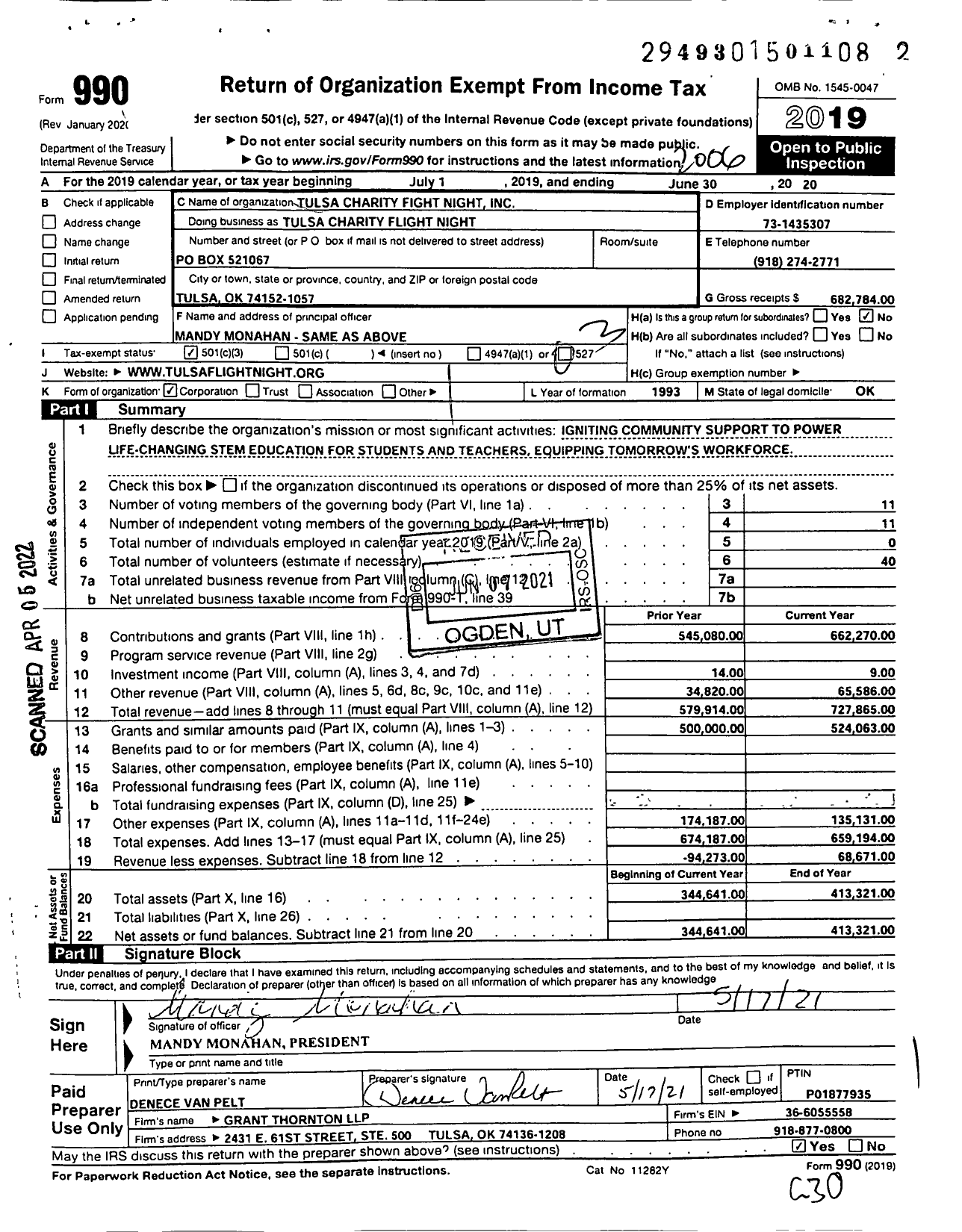 Image of first page of 2019 Form 990 for Tulsa Charity Flight Night