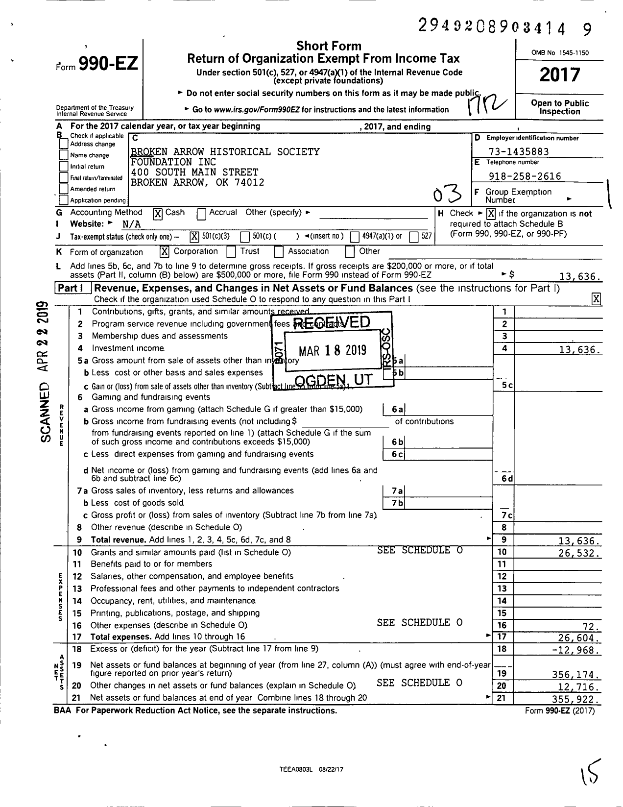 Image of first page of 2017 Form 990EZ for Broken Arrow Historical Society Foundation