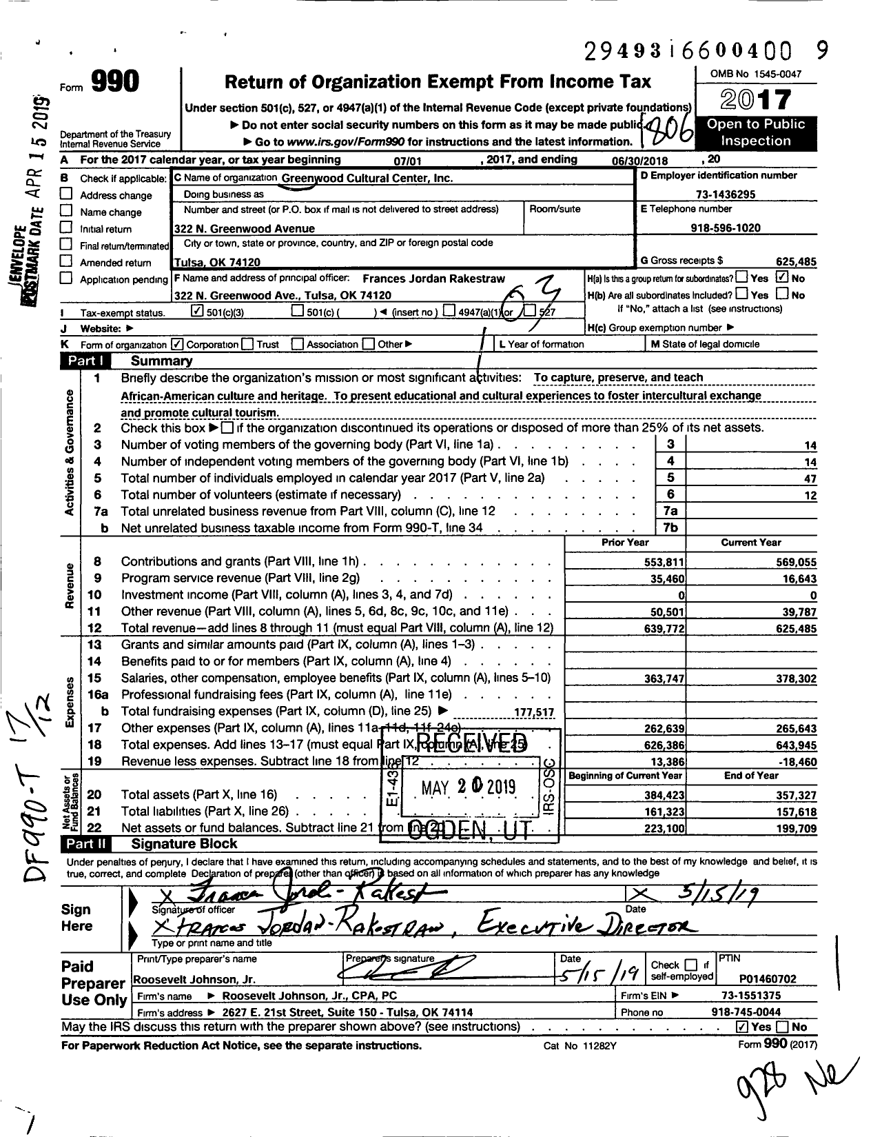 Image of first page of 2017 Form 990 for Greenwood Cultural Center