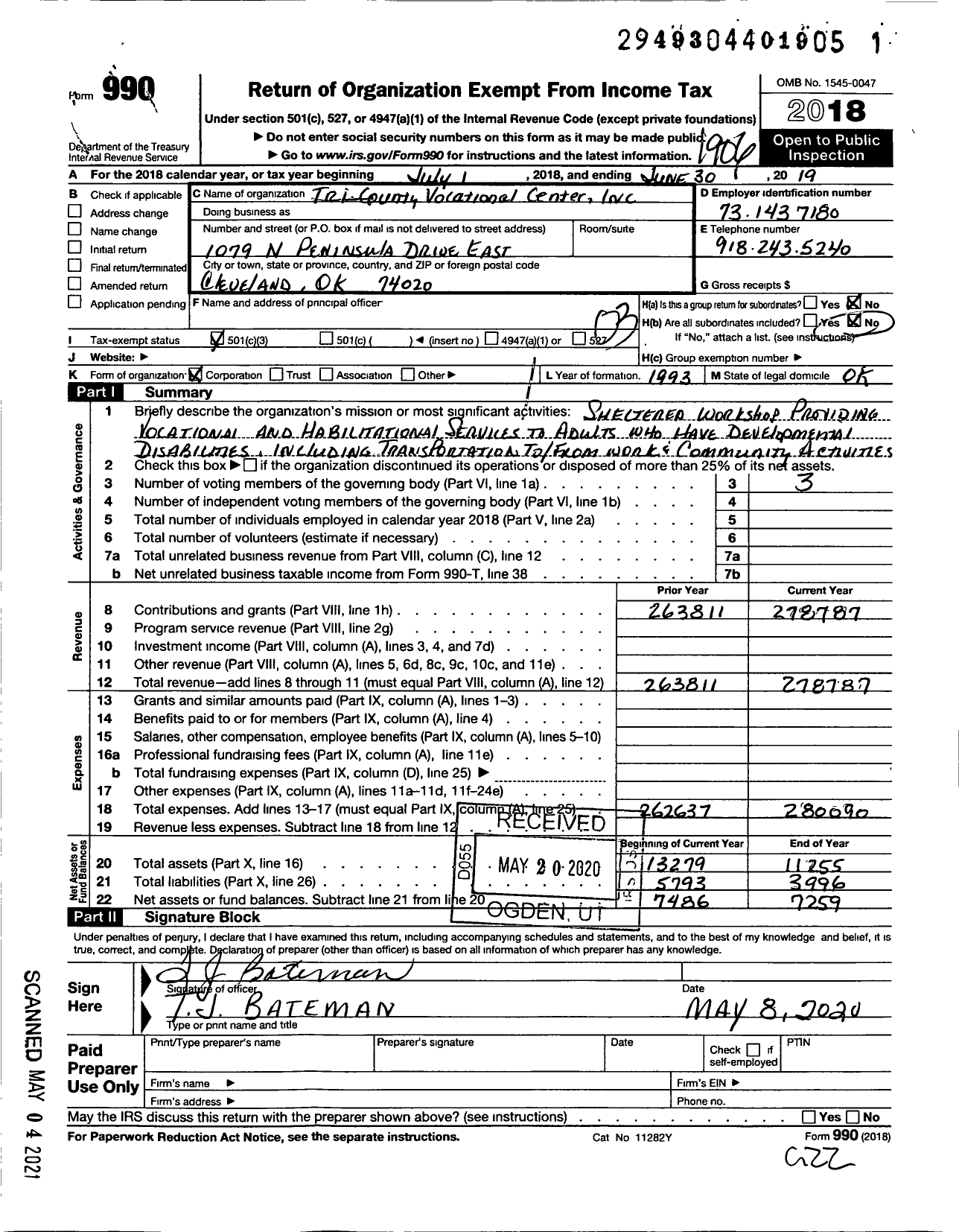 Image of first page of 2018 Form 990 for Tri County Vocational Center