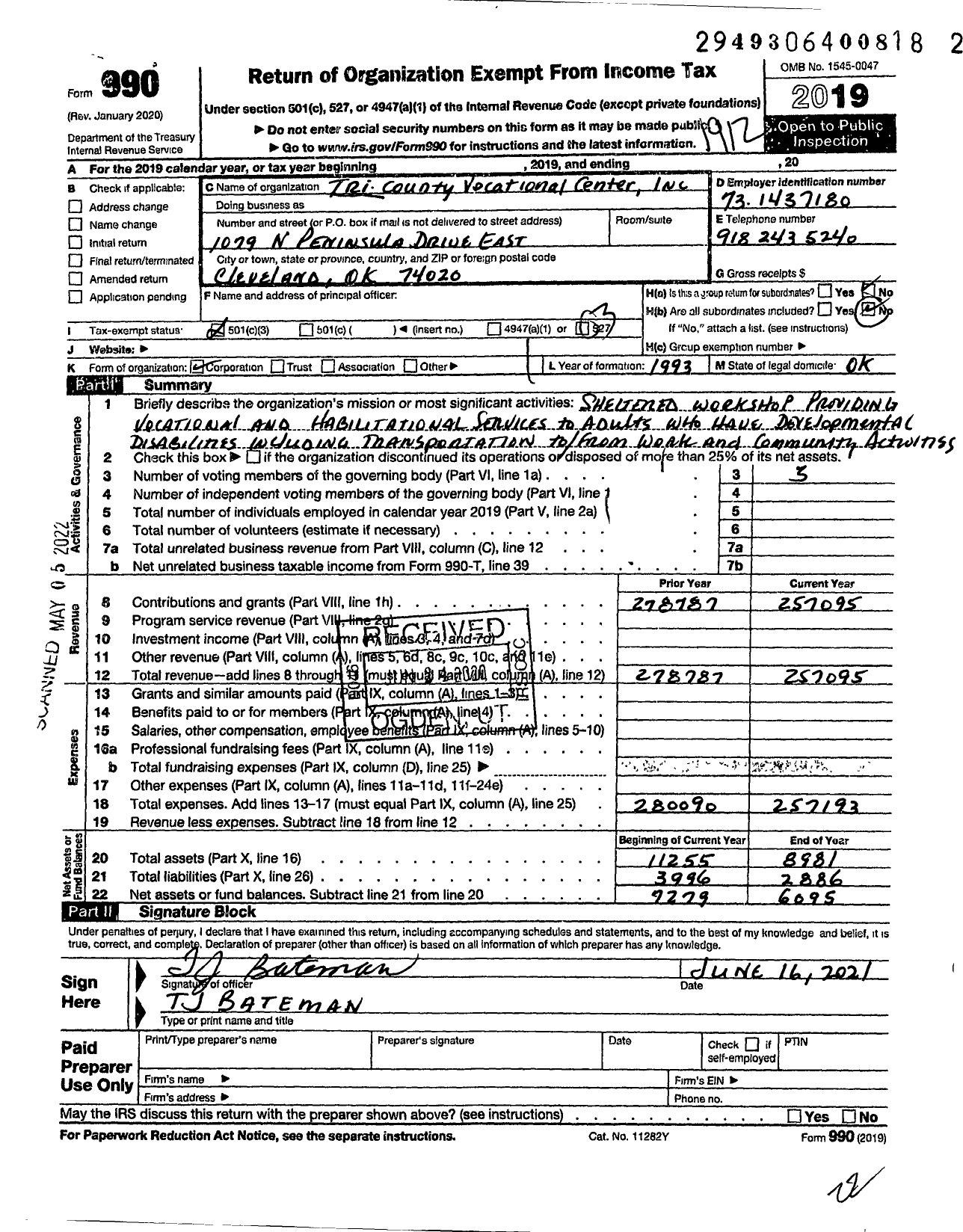 Image of first page of 2019 Form 990 for Tri County Vocational Center