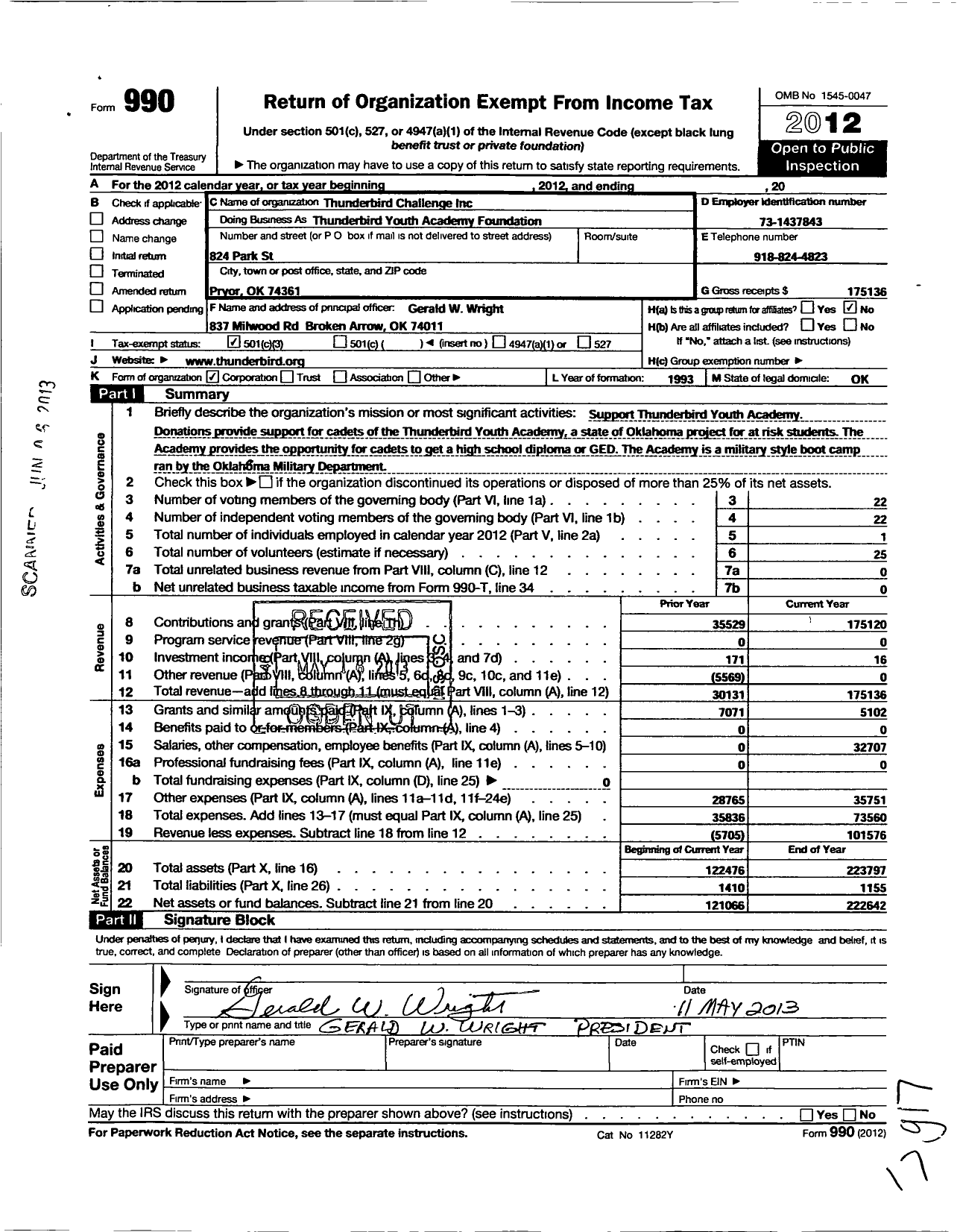 Image of first page of 2012 Form 990 for Thunderbird Challenge