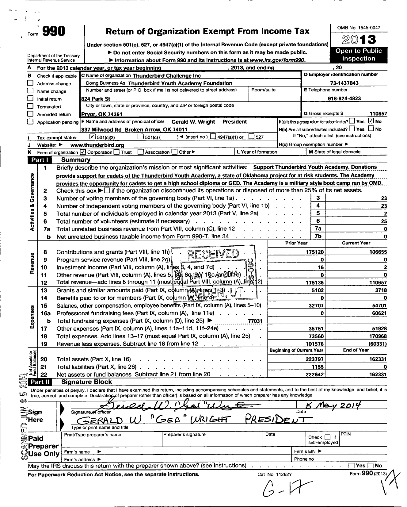 Image of first page of 2013 Form 990 for Thunderbird Challenge