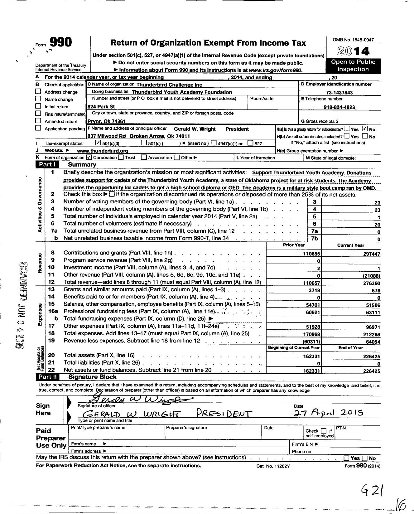 Image of first page of 2014 Form 990 for Thunderbird Challenge