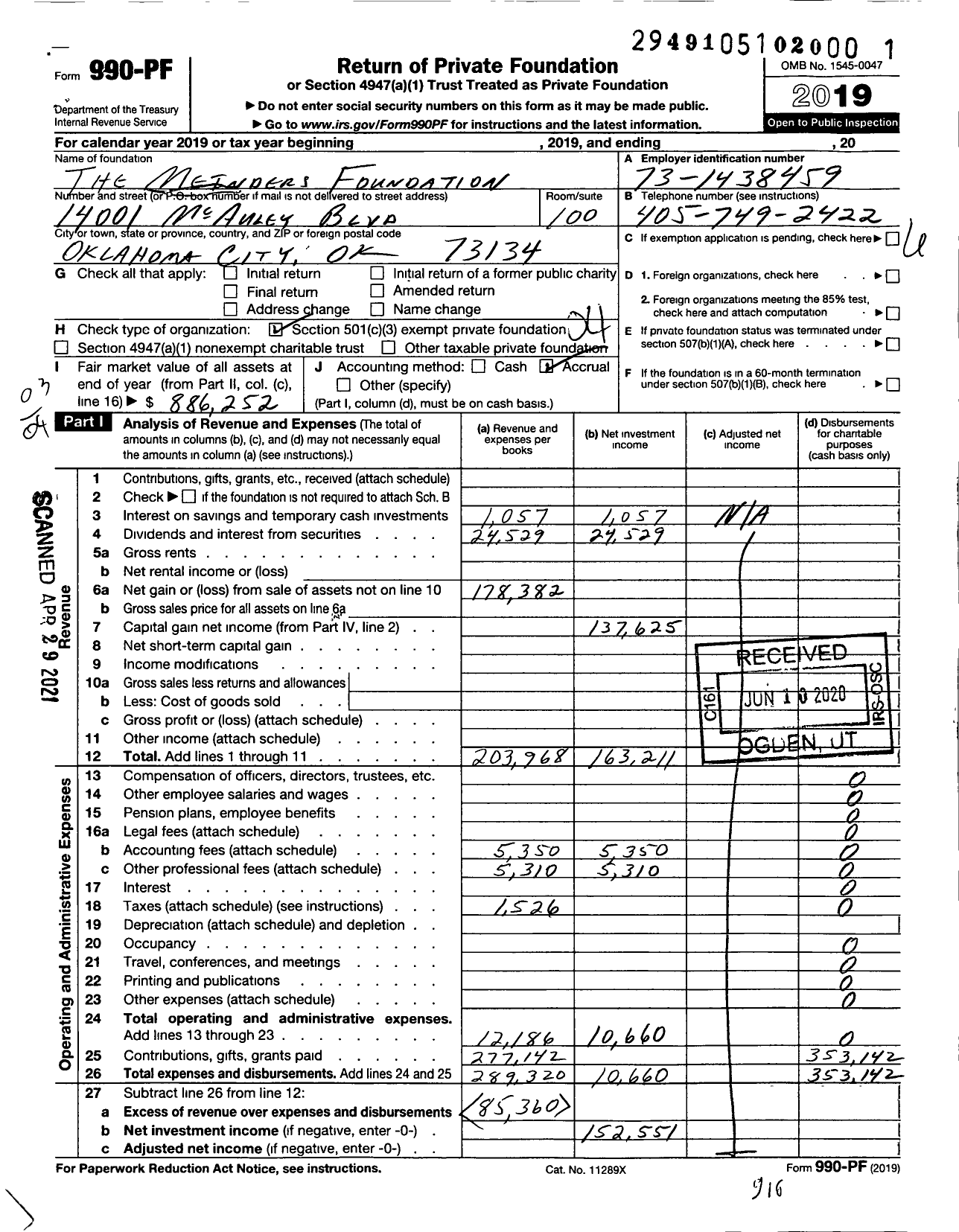 Image of first page of 2019 Form 990PF for The Meinders Foundation