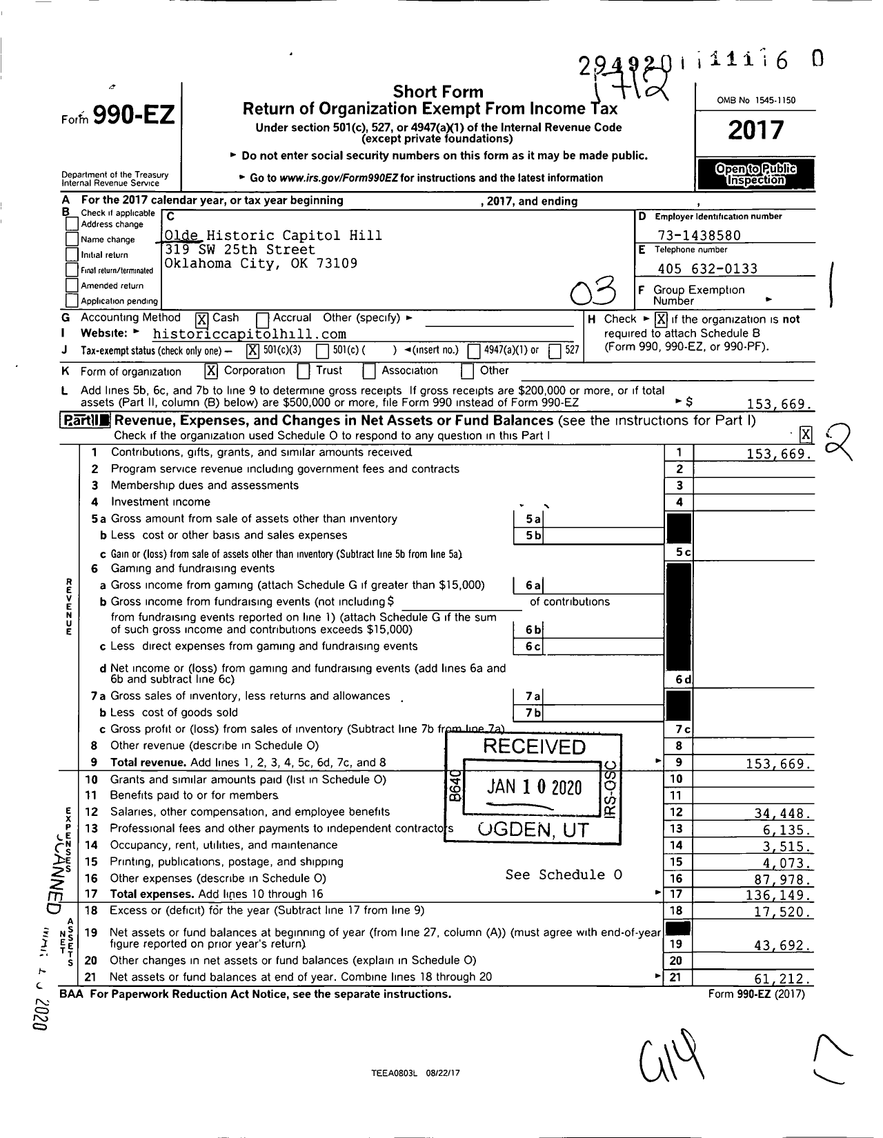 Image of first page of 2017 Form 990EZ for Olde Capitol Hill Council