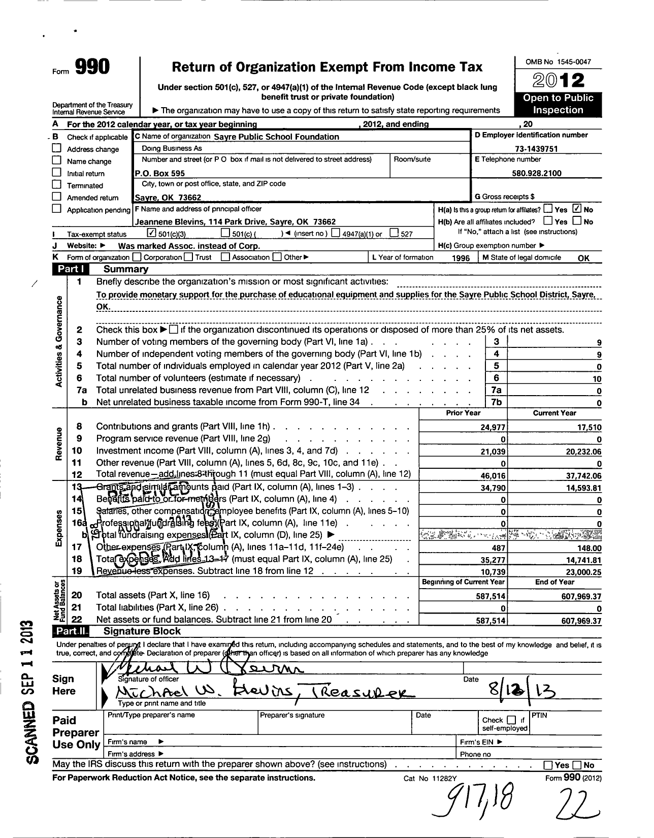 Image of first page of 2012 Form 990 for Sayre Public School Foundation