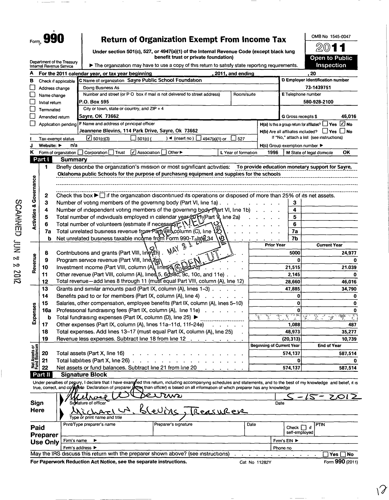 Image of first page of 2011 Form 990 for Sayre Public School Foundation