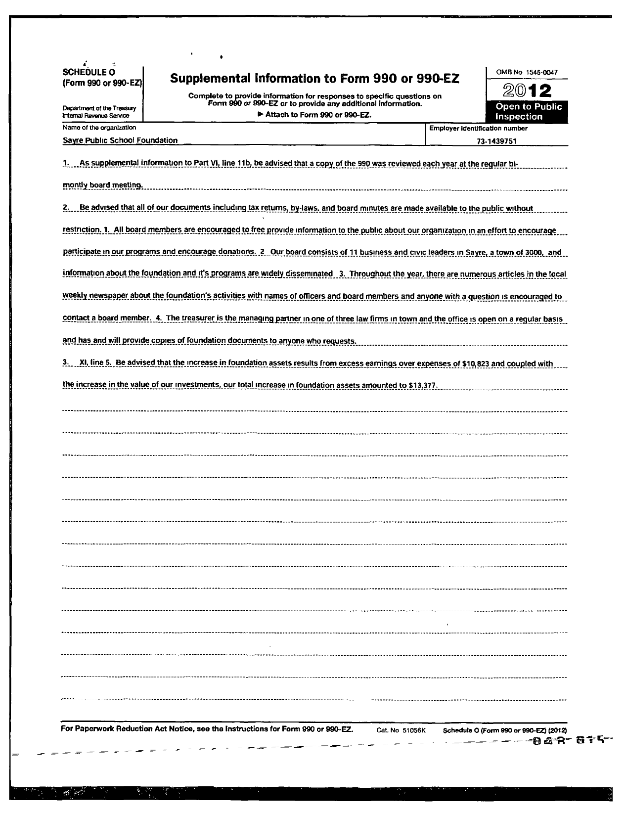 Image of first page of 2011 Form 990R for Sayre Public School Foundation