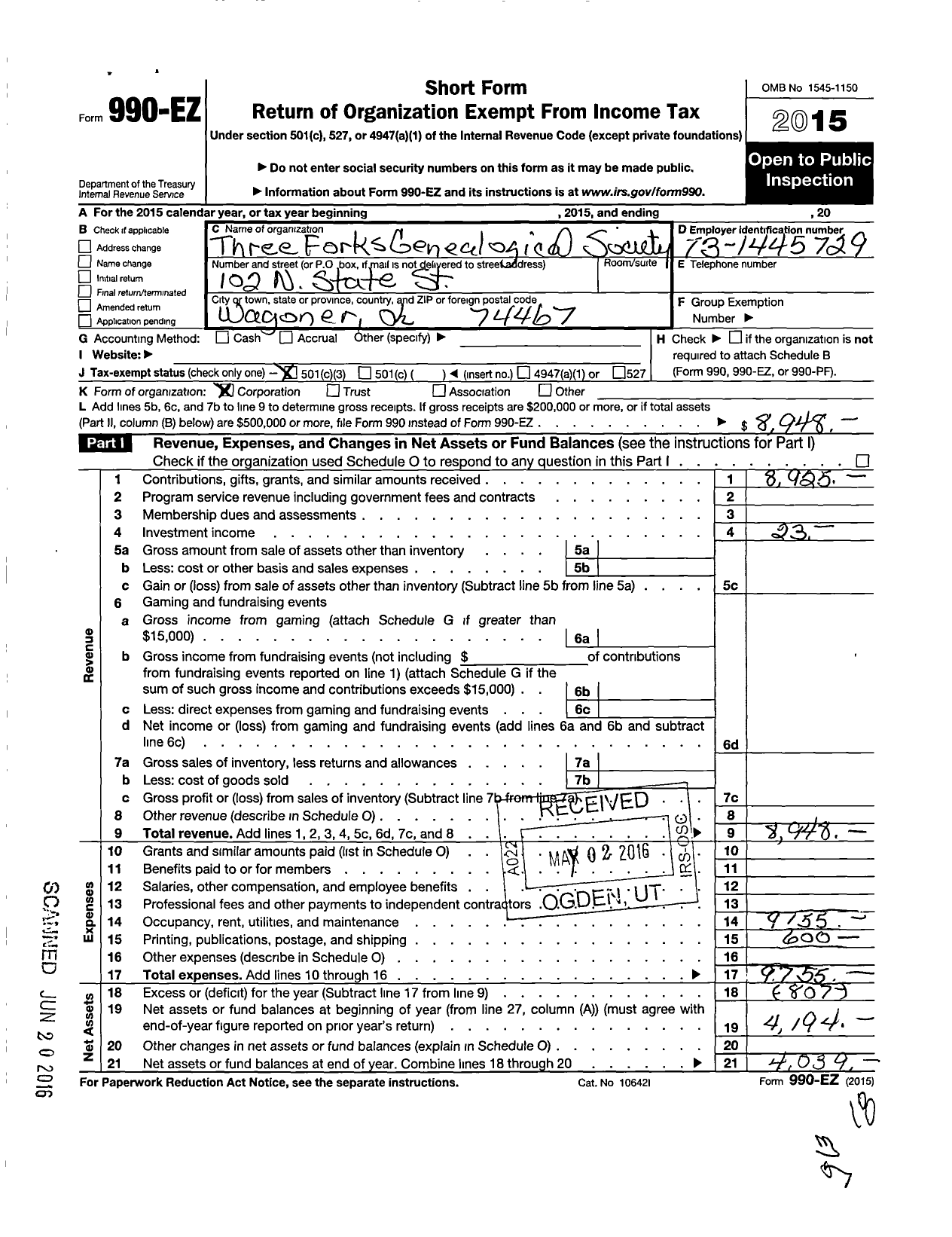 Image of first page of 2015 Form 990EZ for Three Forks Genealogical Society