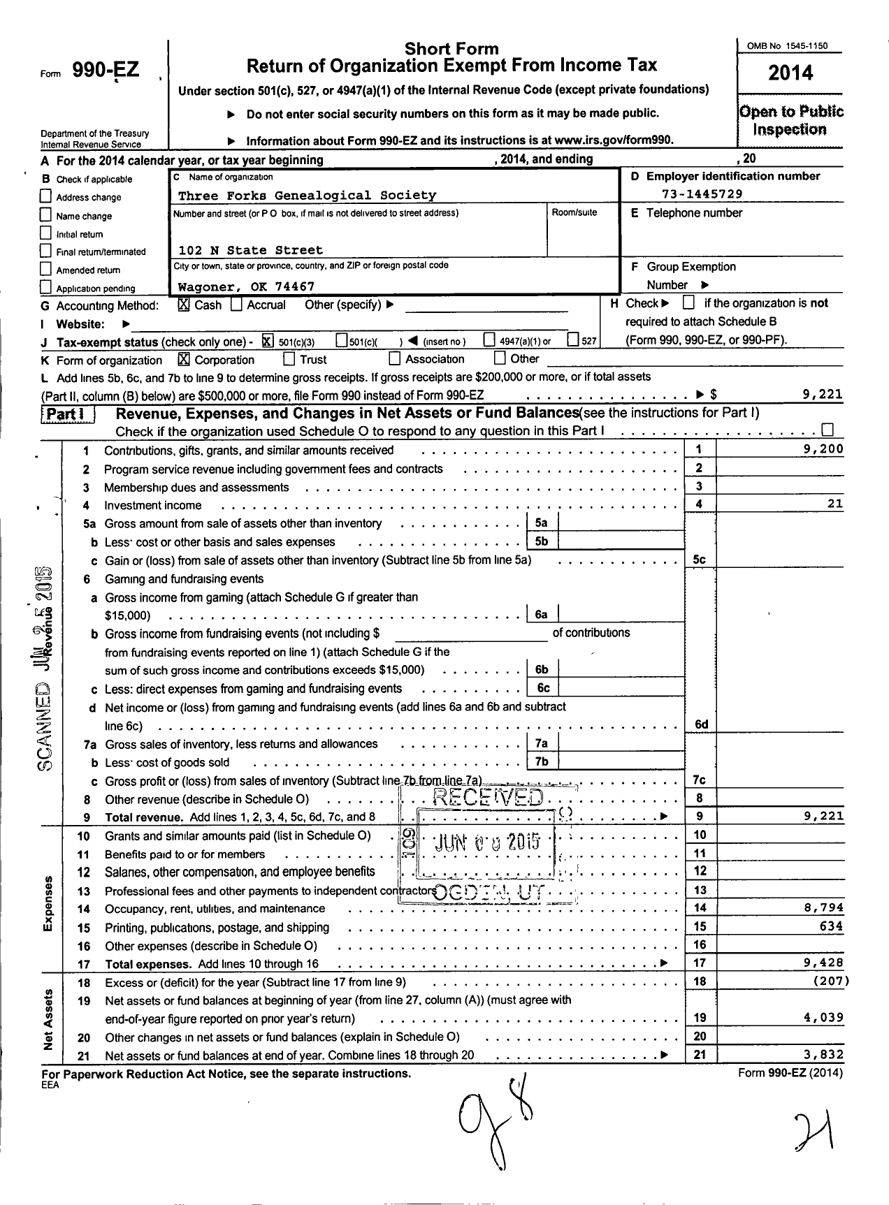 Image of first page of 2014 Form 990EZ for Three Forks Genealogical Society