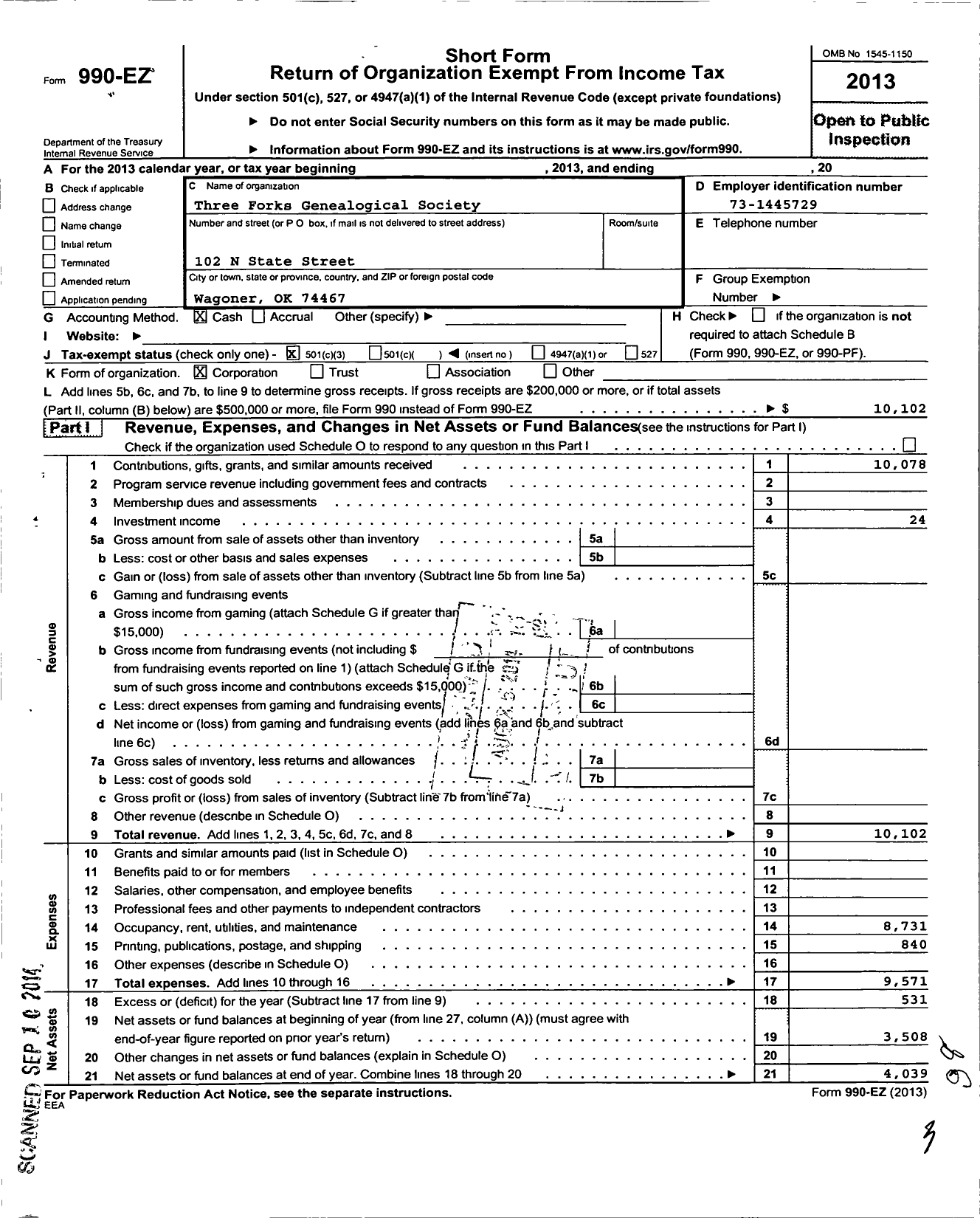 Image of first page of 2013 Form 990EZ for Three Forks Genealogical Society