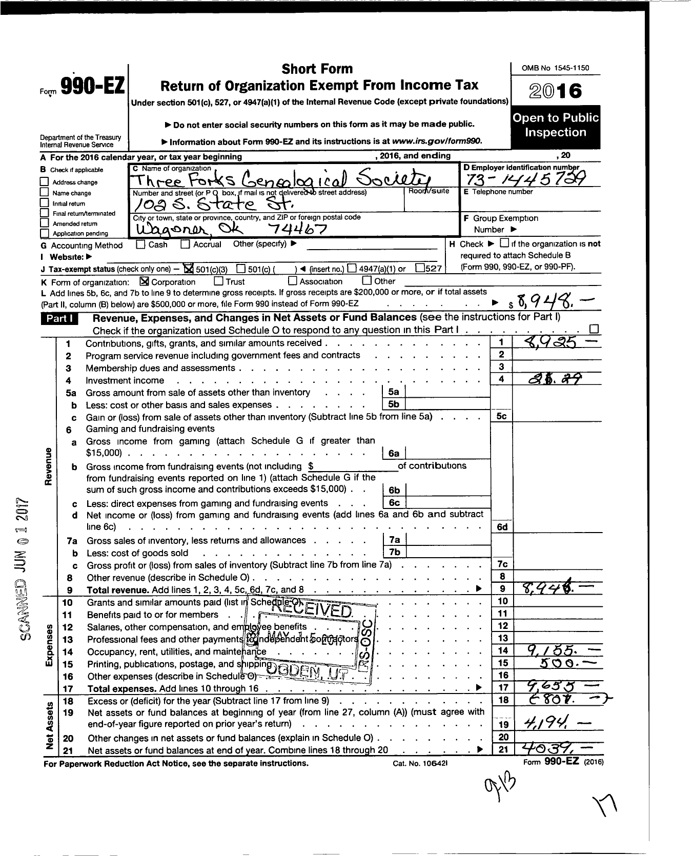 Image of first page of 2016 Form 990EZ for Three Forks Genealogical Society