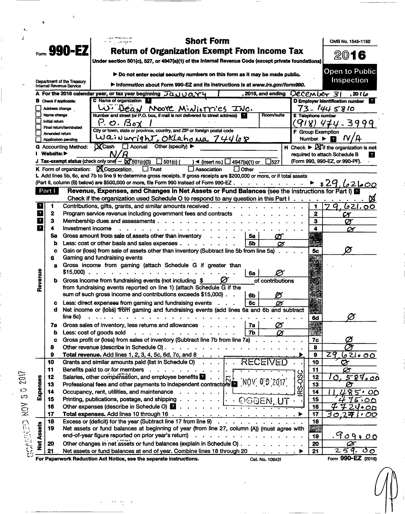 Image of first page of 2016 Form 990EZ for W Dean Moore Ministries