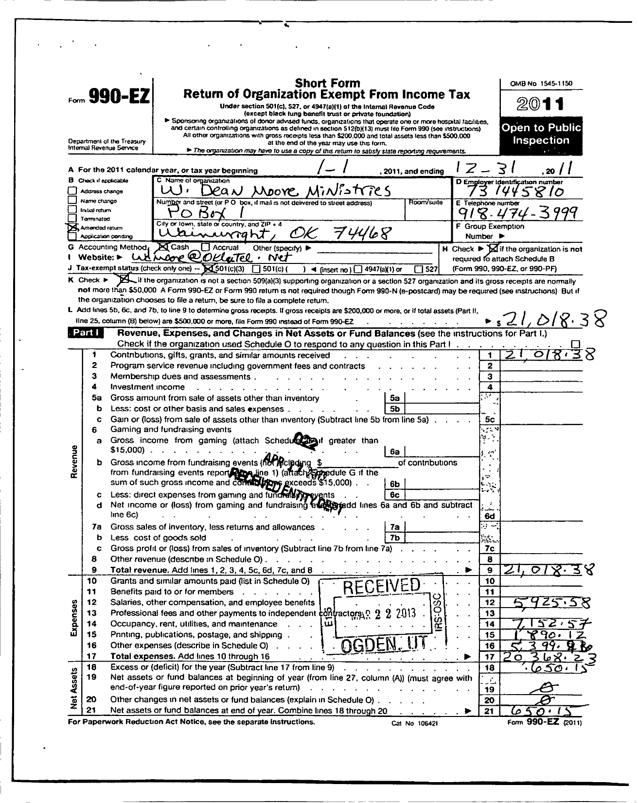 Image of first page of 2011 Form 990ER for W Dean Moore Ministries