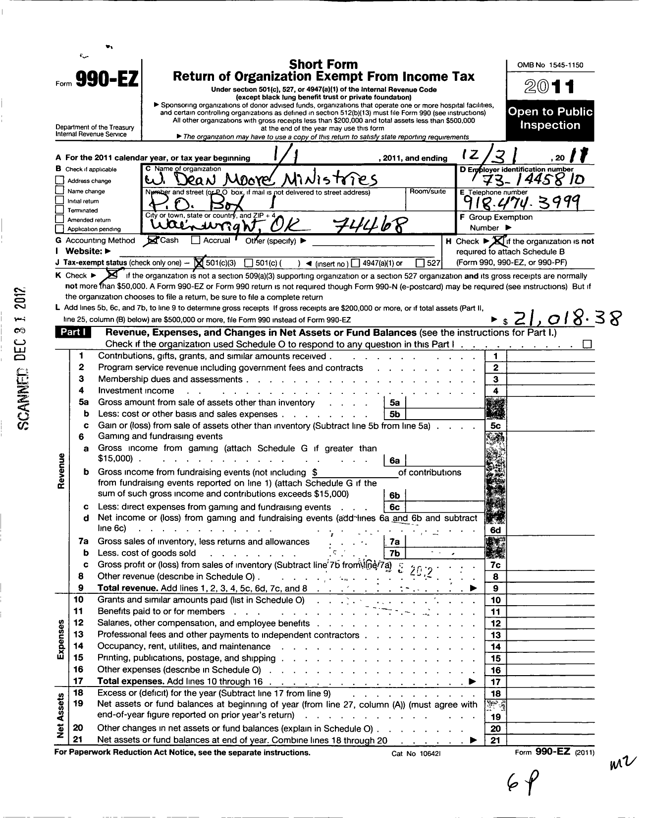 Image of first page of 2011 Form 990EZ for W Dean Moore Ministries