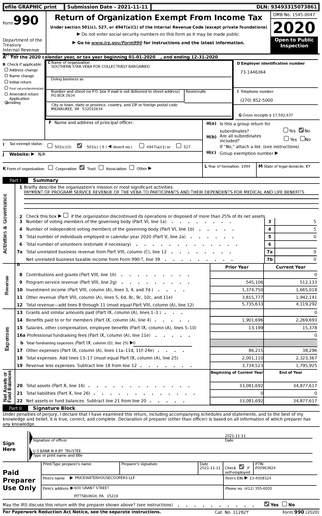 Image of first page of 2020 Form 990 for Southern Star Veba for Collectively Bargained