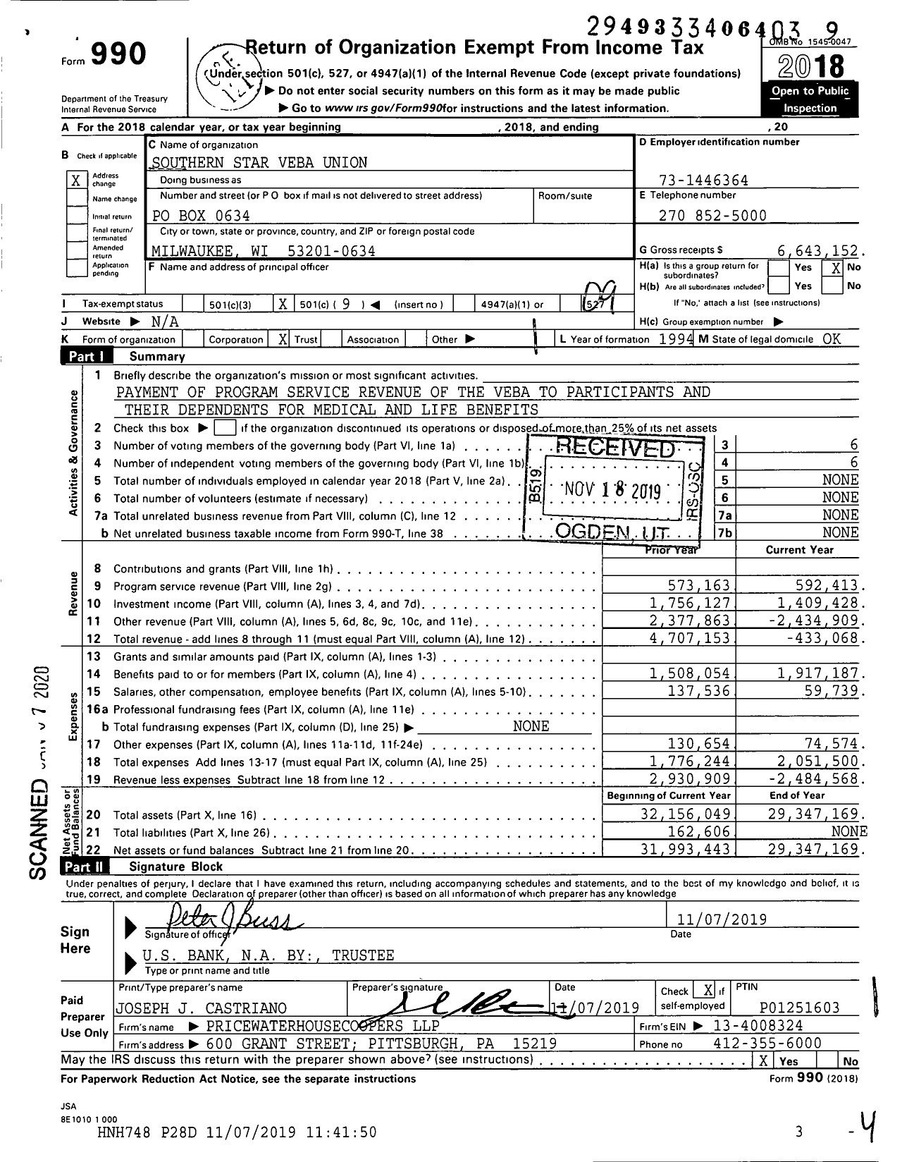Image of first page of 2018 Form 990O for Southern Star Veba for Collectively Bargained