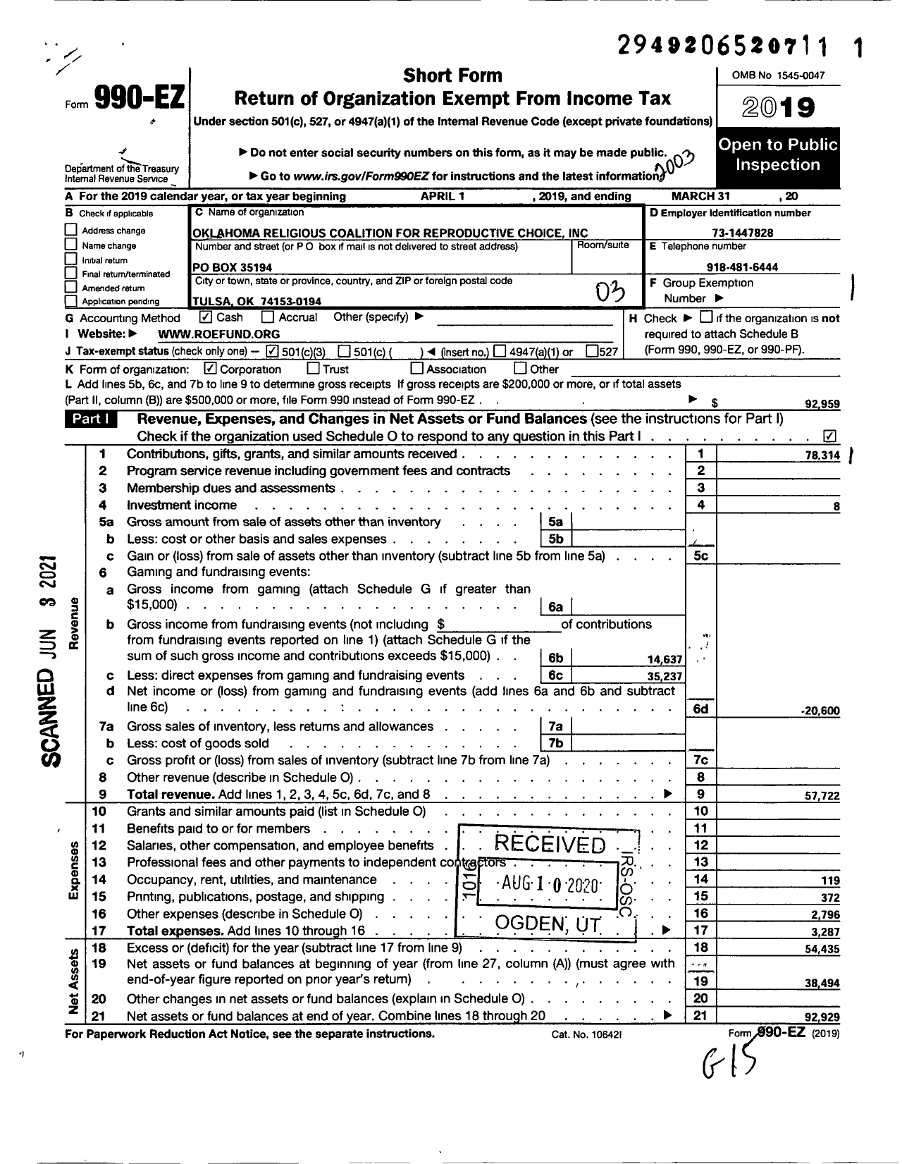 Image of first page of 2019 Form 990EZ for Oklahoma Religious Coalition for Reproductive Choice